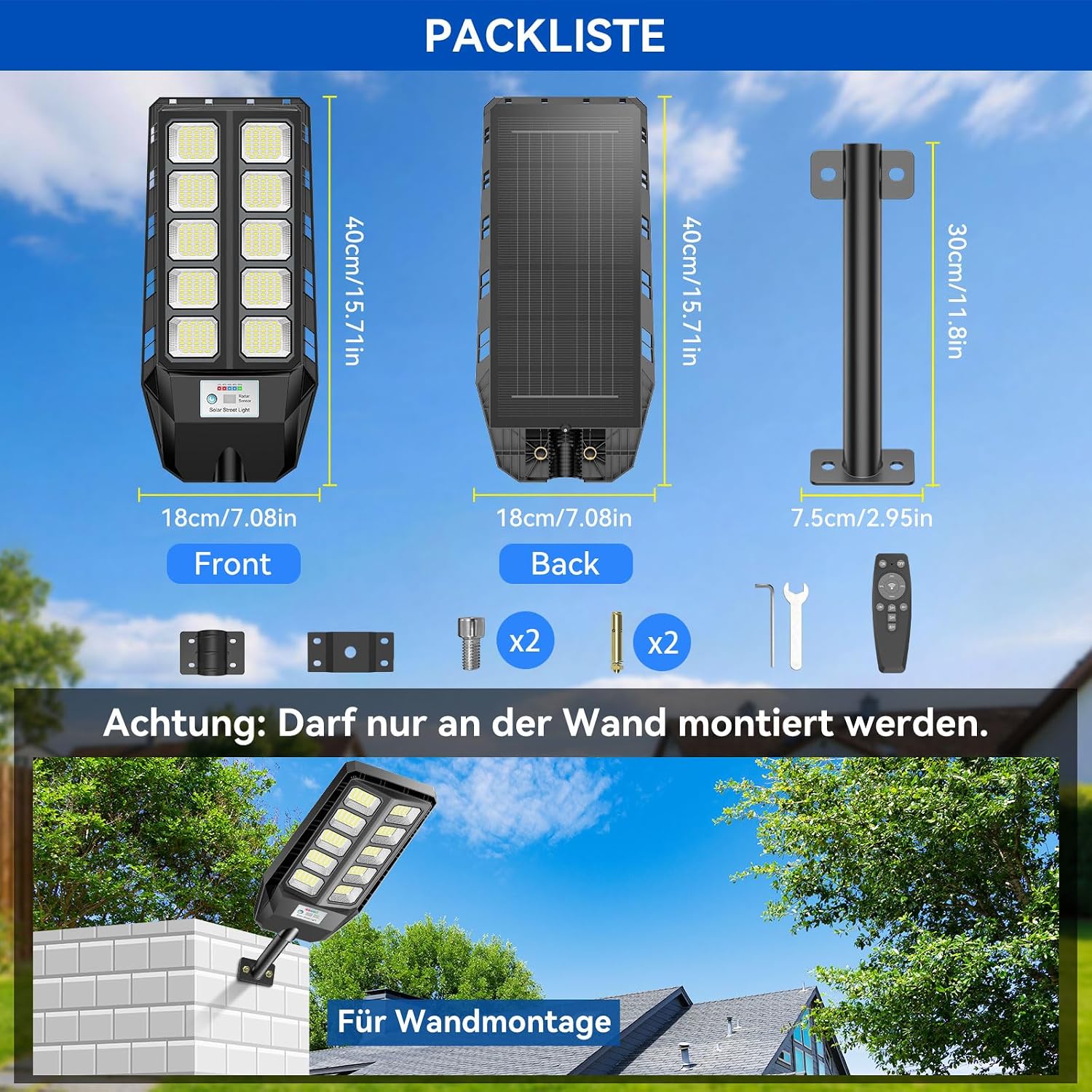 Detalle de Adewalk Lampione Solare LED da Esterno con Telecomando: 330 LED, 7000 mAh, IP66, 3 Modalità, Sensor di Movimento