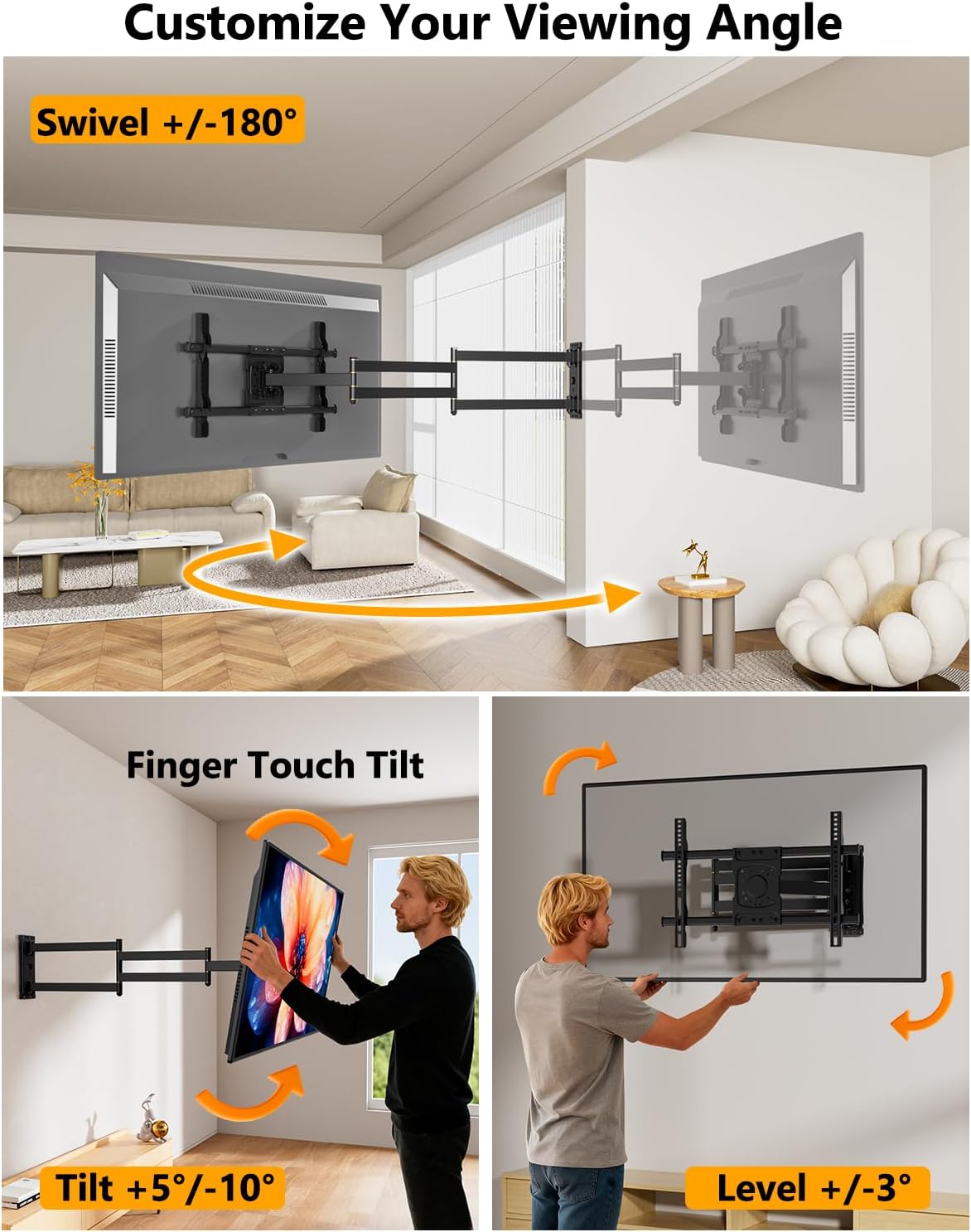 Detalle de WHYFONE TV Wall Bracket with 1016mm Long Arm for 37-75 Inch TVs — Full Motion Corner Mount (VESA up to 600x400mm, 45kg)