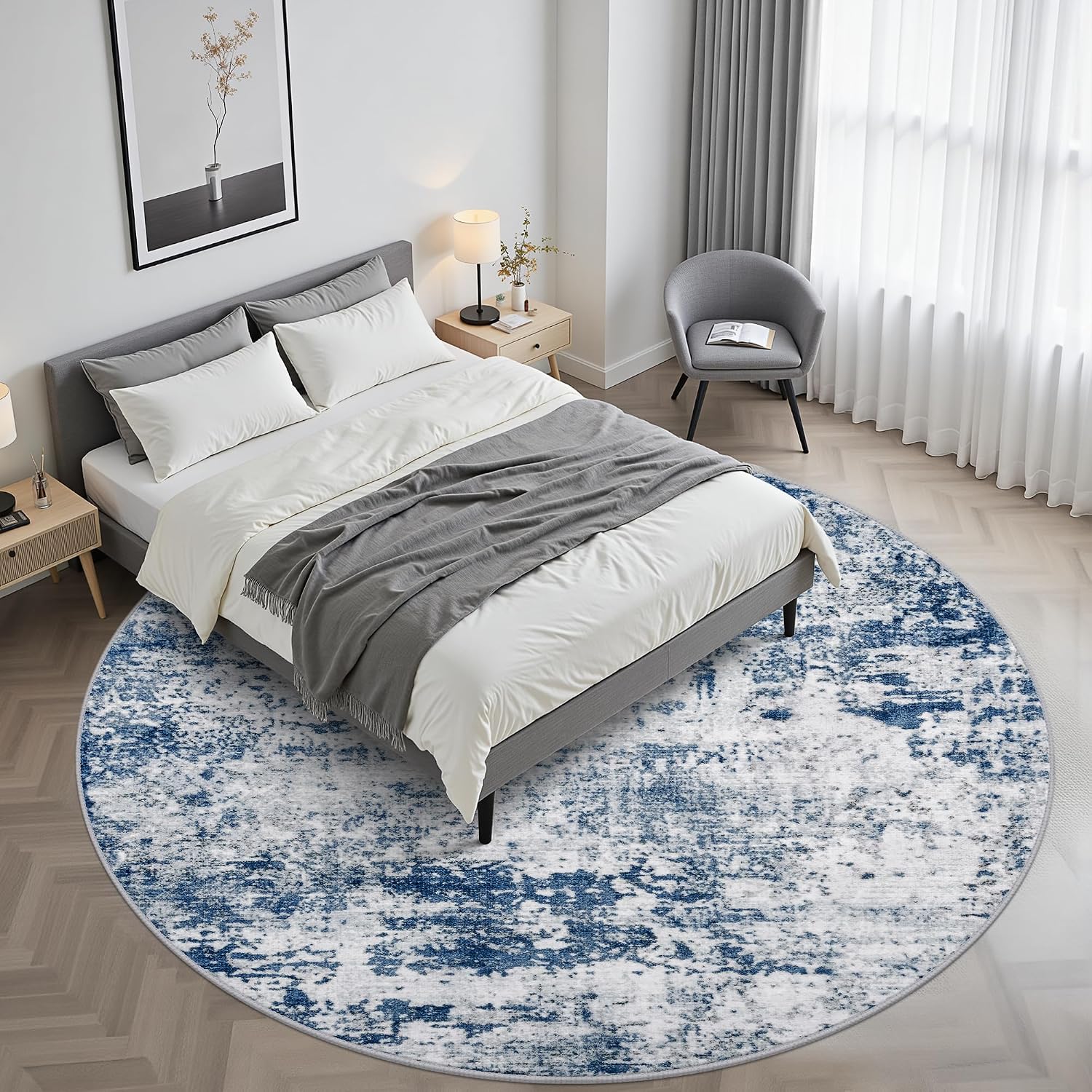 Thumbnail 1 de Round 8-Ft Washable Abstract Area Rug – Blue for Living Room