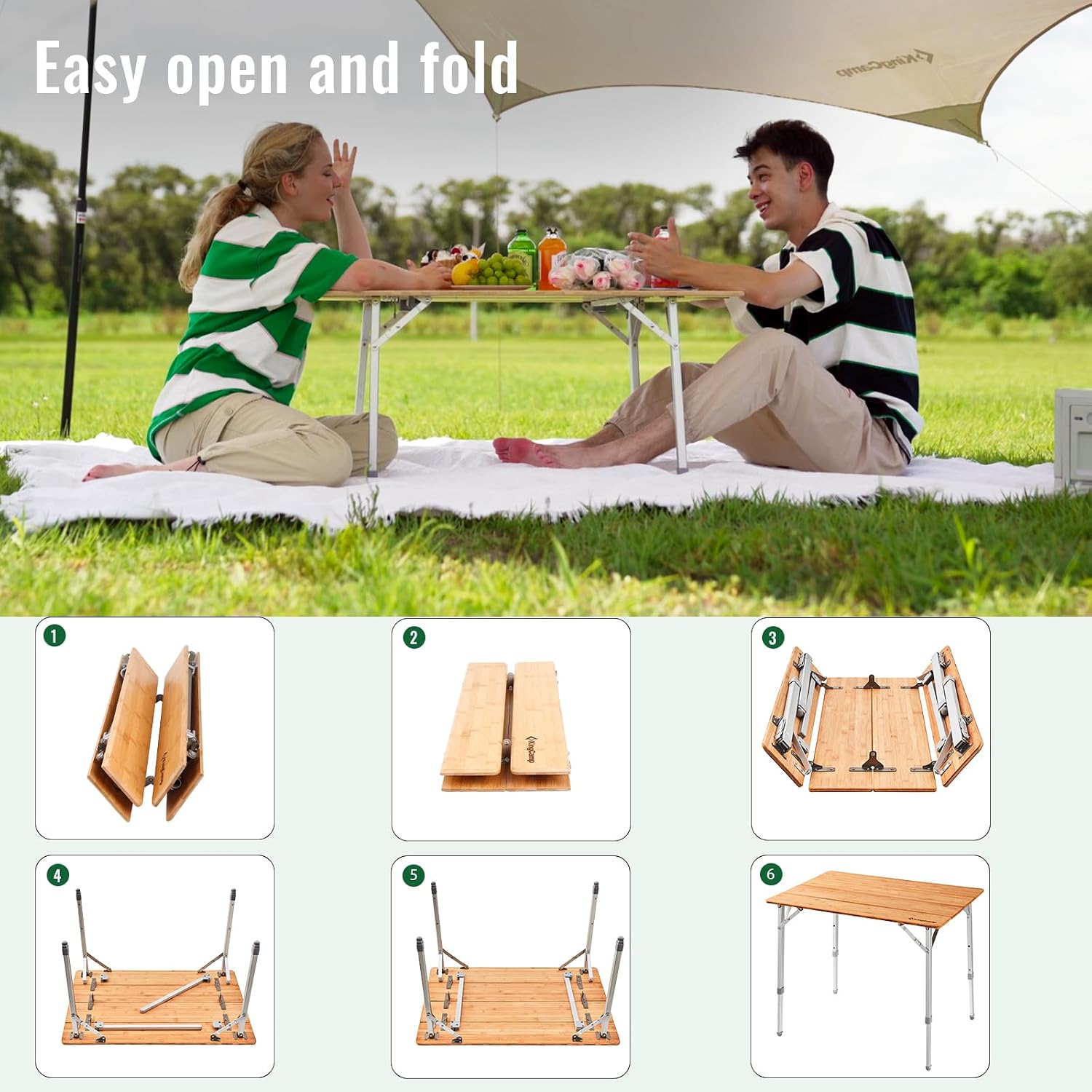 Thumbnail 6 de KingCamp KC2006_YELLOW Bamboo Folding Camping Table, 4-Fold, 3 Heights