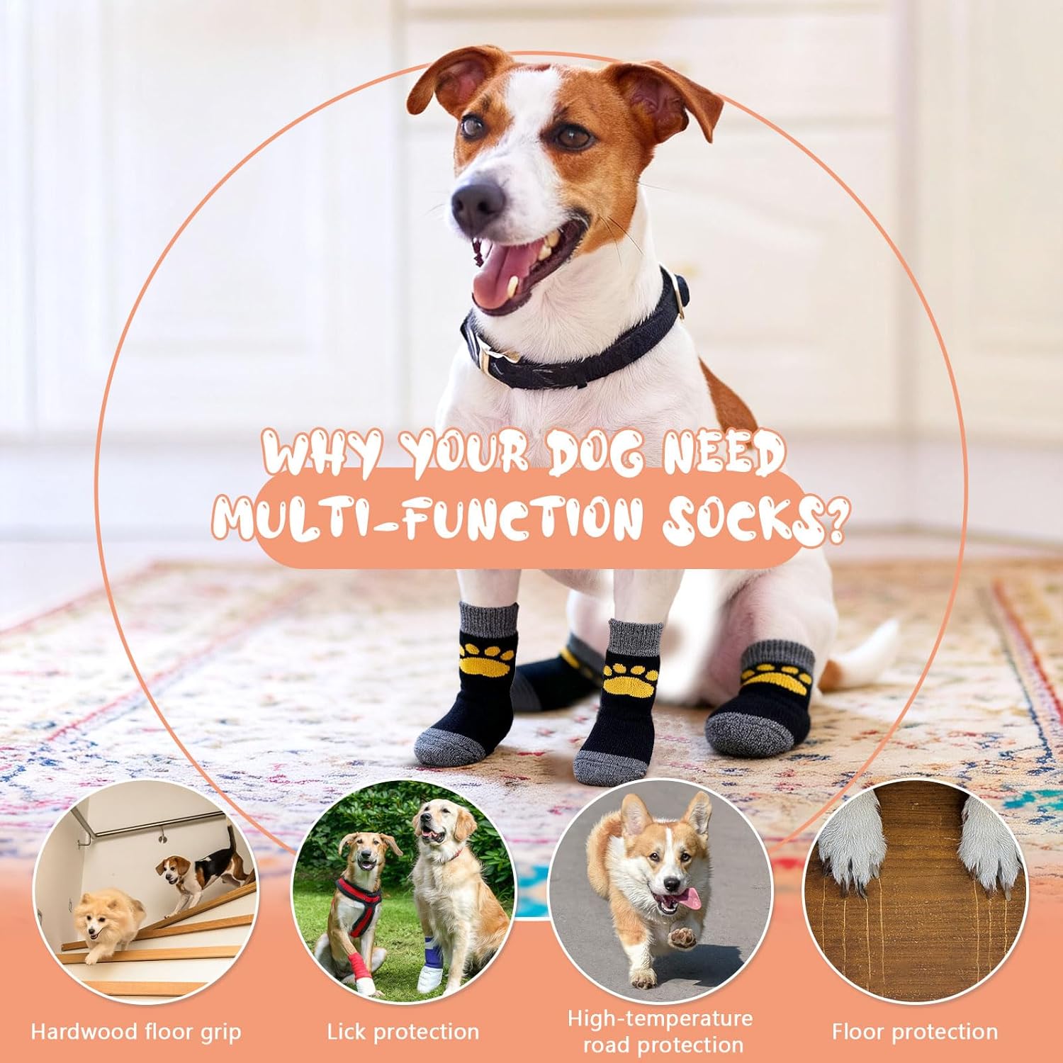 Detalle de 2 Pairs Anti Slip Dog Socks Paws Stop Licking – Large (L) Dog Paw Protectors with Adjustable Straps