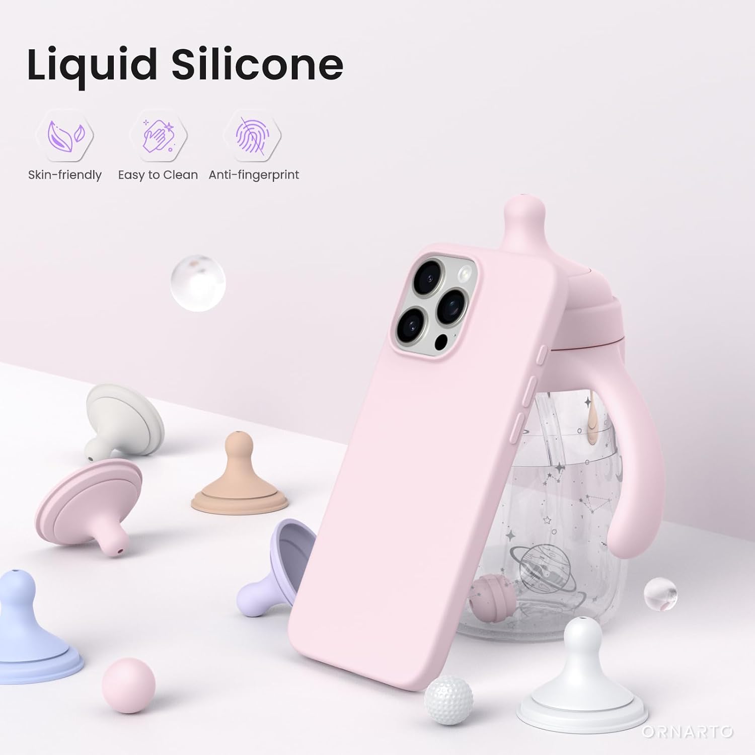 Detalle de ORNARTO iPhone 16 Pro Max Case 6.9" in Chalk Pink – slim liquid silicone, soft gel protection