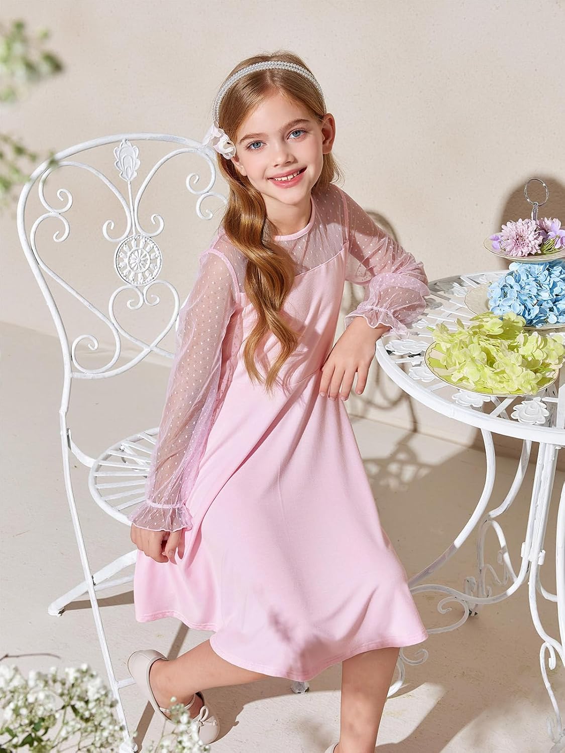 Detalle de Haloumoning prinsessenjurk voor meisjes met lange mouwen en contrasterend mesh
