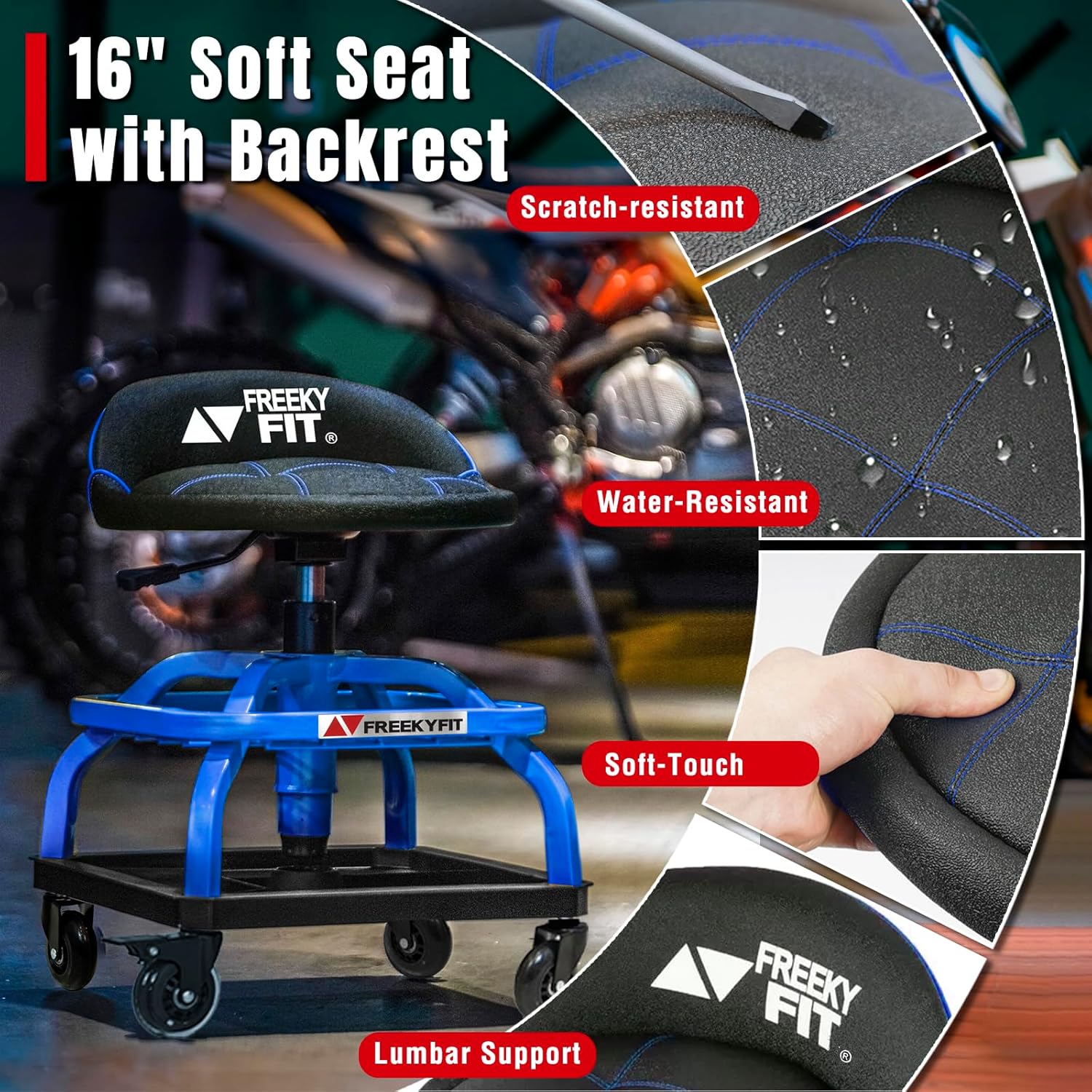 Detalle de FreekyFit Rolling Shop Stool with Wheels — Heavy-Duty Garage Mechanic Chair