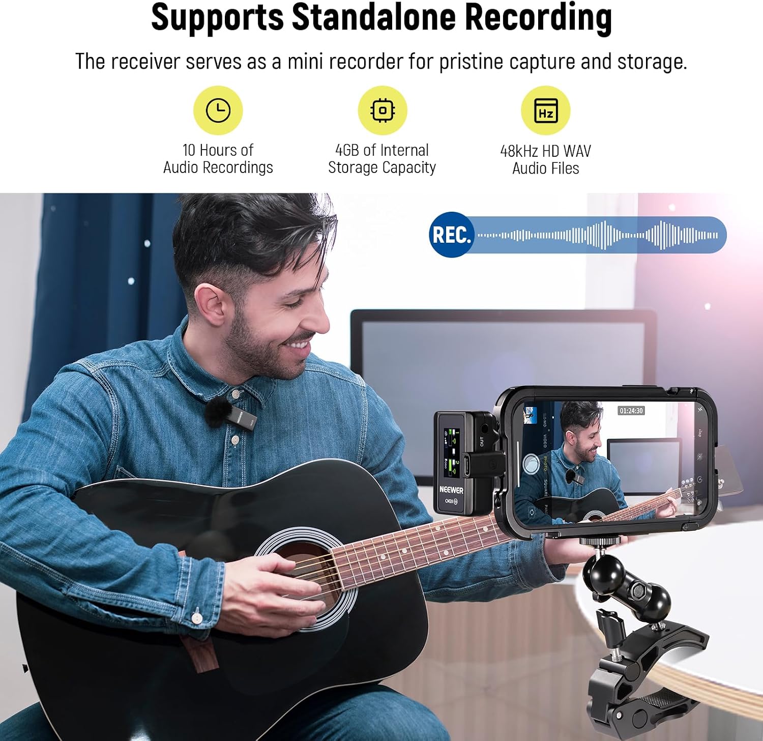 Detalle de NEEWER CM28 Wireless Lavalier Microphone with Dual Transmitters and 4GB Recording