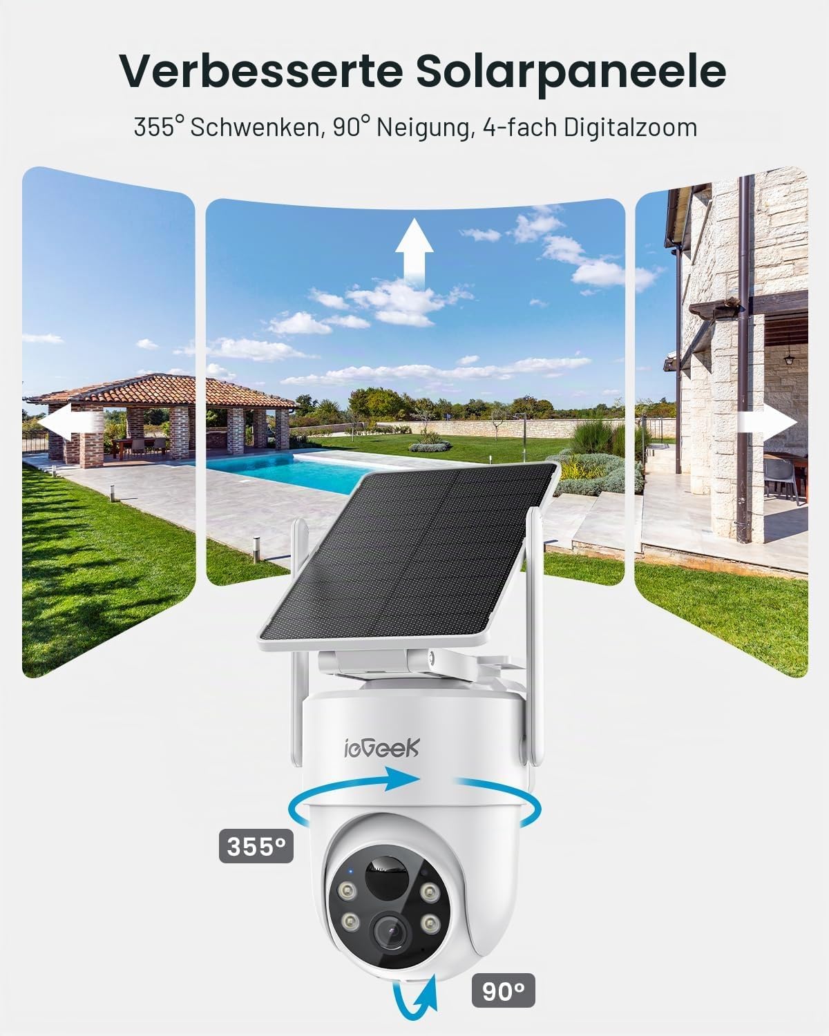 Detalle de ieGeek 2K Solarpowered Außen-Überwachungskamera S5 mit 360° PTZ, WLAN und PIR