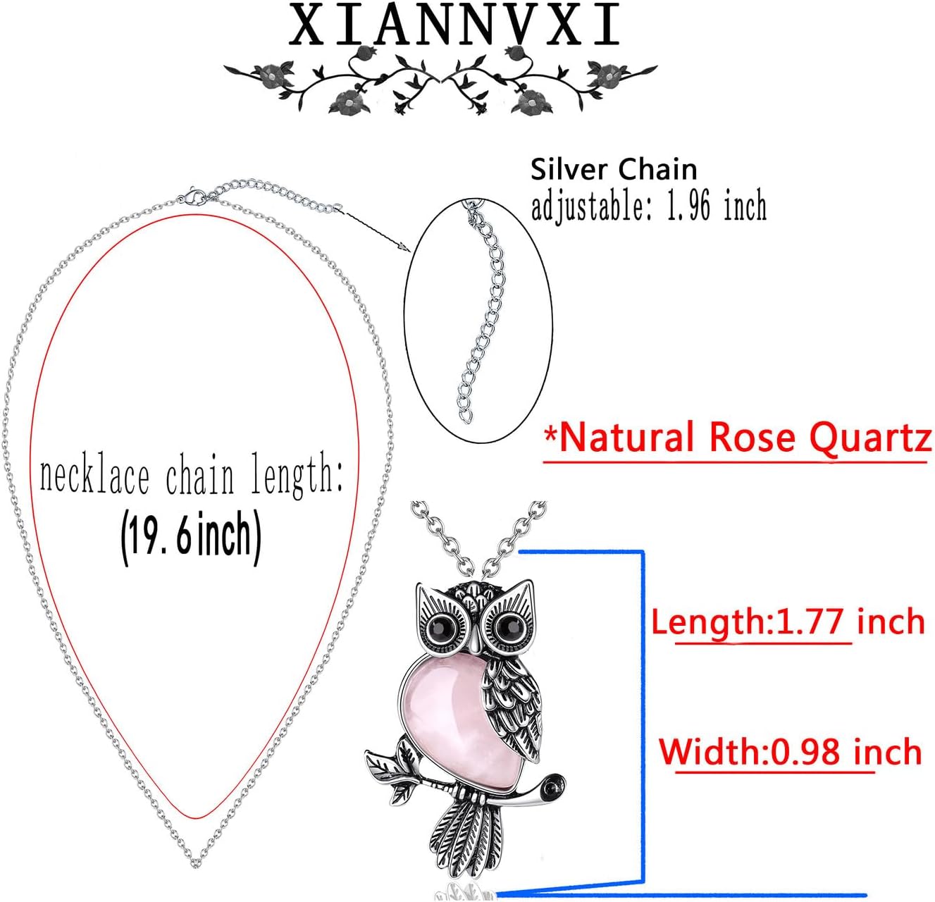 Detalle de XIANNVXI Crystal Owl Necklace with Rose Quartz