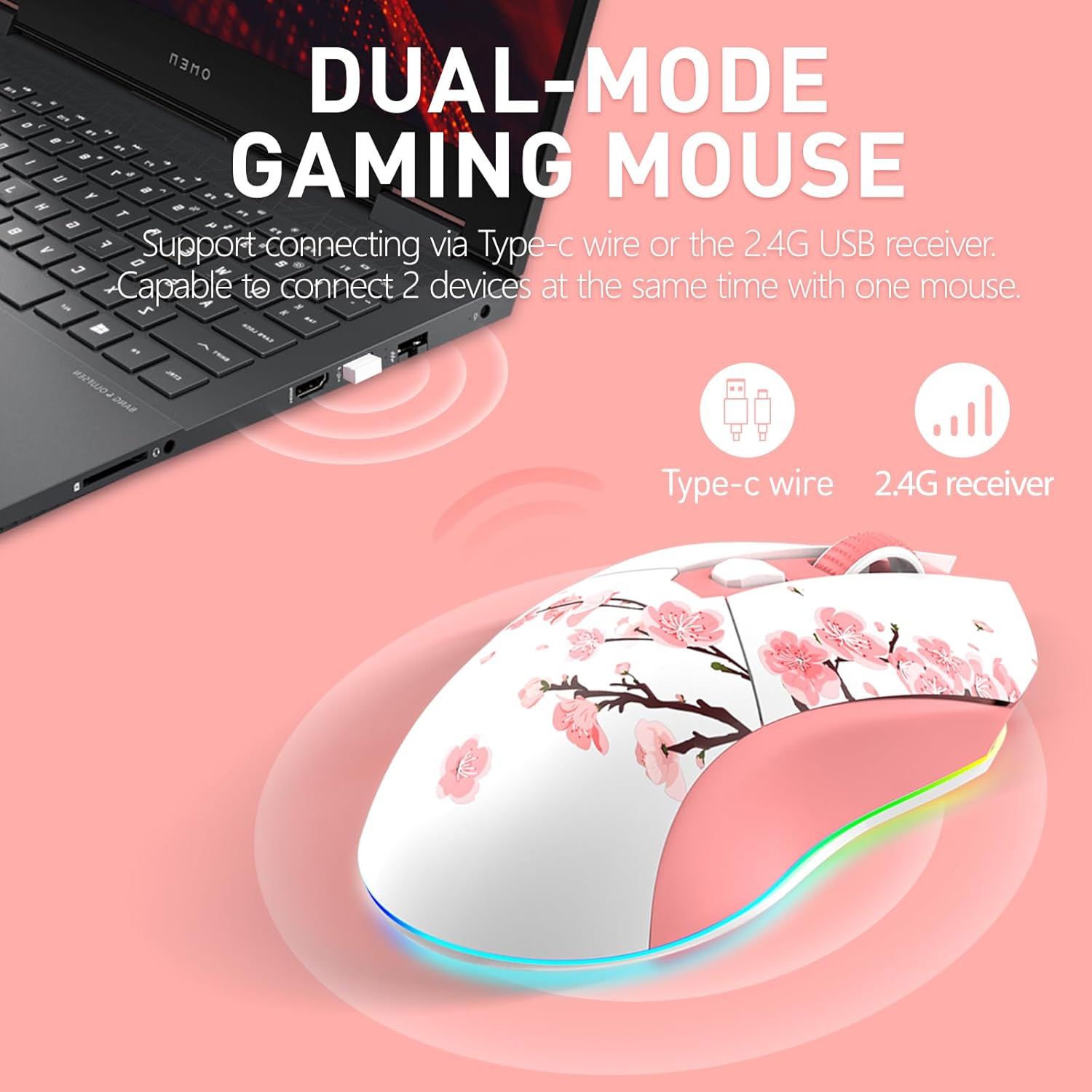 Detalle de DAREU Sakura Pink Wireless Gaming Mouse 12K DPI