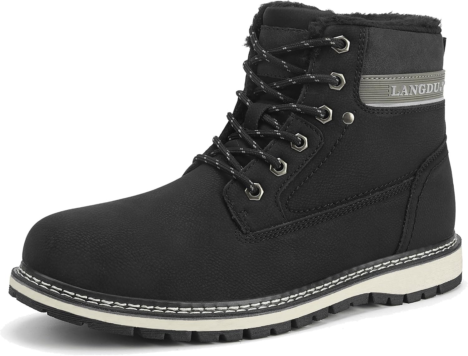 Detalle de LANGDU bottes homme d’hiver en cuir synthétique fourrées (41 à 46) : chaudes et antidérapantes