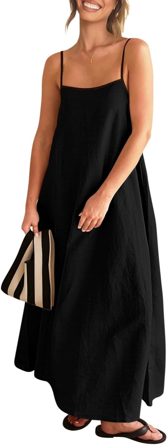 Detalle de Shy Velvet 2026 Summer Linen Maxi Dress with Contrast Spaghetti Straps