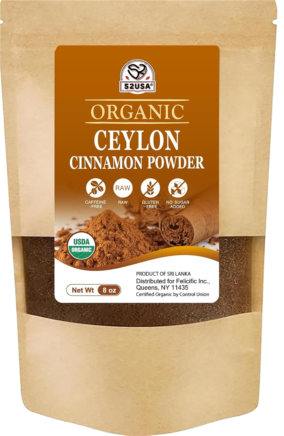 Detalle de 52USA Organic Ceylon Cinnamon Powder, 8 oz, Low Coumarin, USDA & Kosher Certified