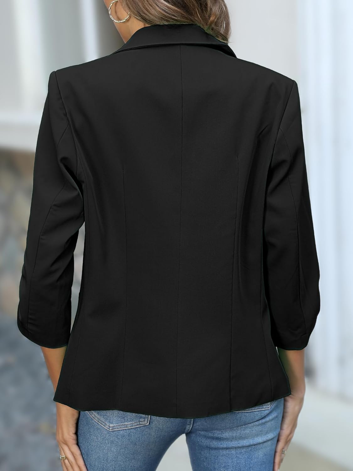 Thumbnail 2 de ELLEVEN Women's Ruched 3/4 Sleeve Blazers – Lightweight Slim Fit Jacket with Padded Shoulders