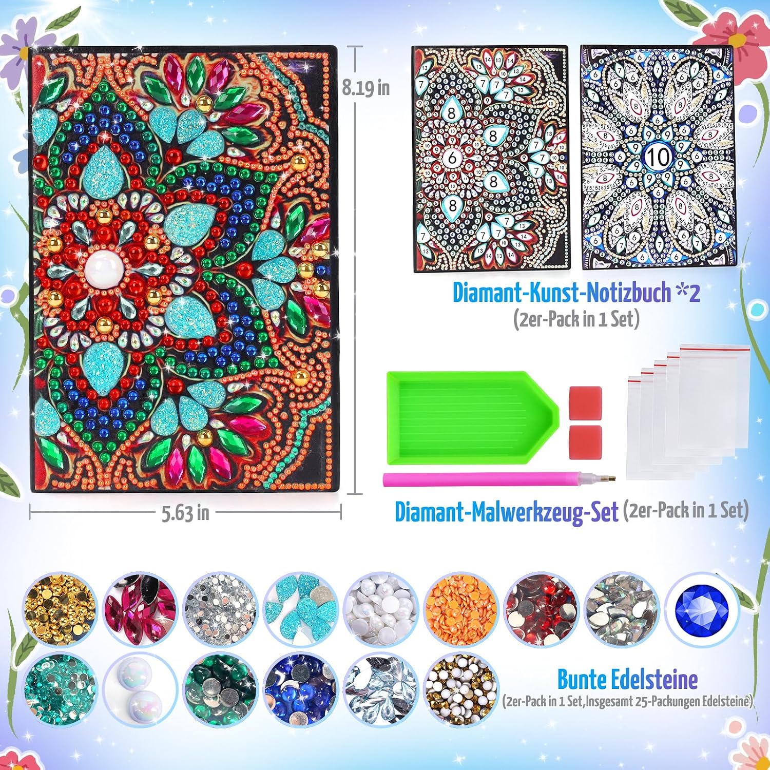 Detalle de pearoft Bastelset Mädchen (7–10 Jahre) – Tagebuch & Diamant Painting A5 Notizbuch Set mit Mandala