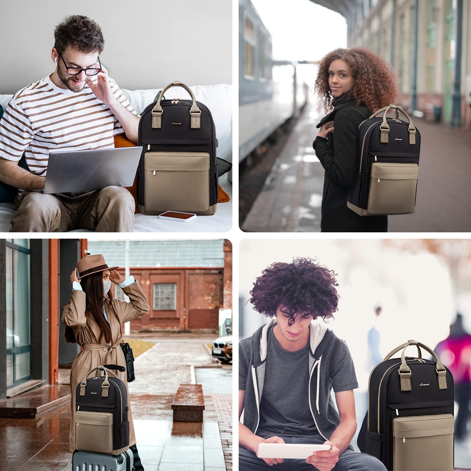 Detalle de LOVEVOOK Laptop Backpack Womens 17 Inch – Waterproof Travel Rucksack with USB Port, Khaki/Black