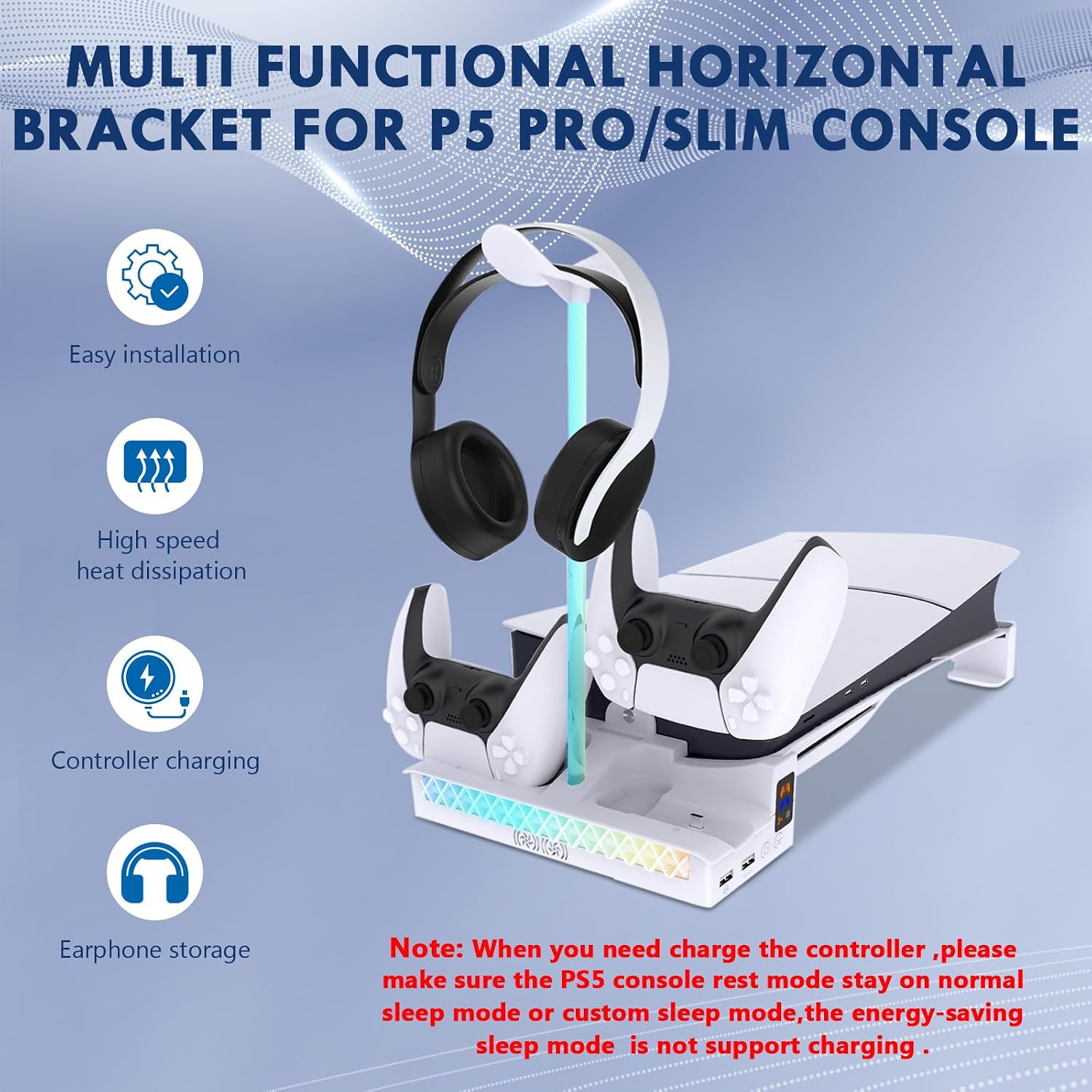 Detalle 2 de Sehawei horizontal cooling stand for PS5 Slim/Pro (2023 model) with RGB lighting and dual controller charging, white