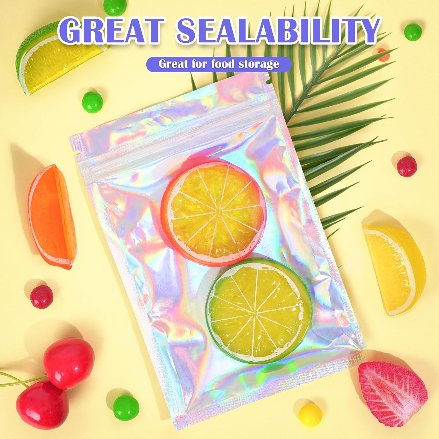 Detalle de JETMORE 100 Pcs Holographic Mylar Bags (3x5in) – Resealable, Windowed, Smell-Proof