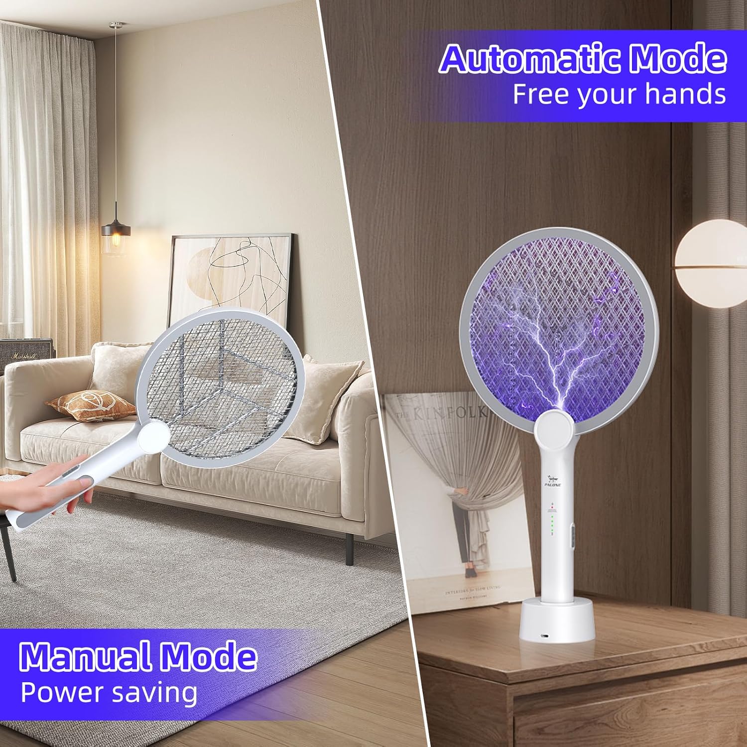 Detalle de PALONE 4000V Electric Fly Swatter Bug Zapper Racket (2-in-1, USB-C rechargeable)
