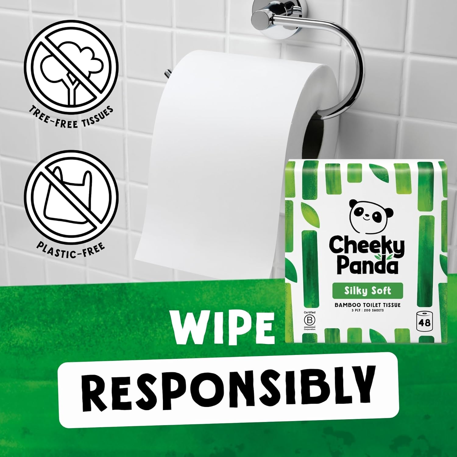 Thumbnail 3 de The Cheeky Panda Bamboo Toilet Rolls Bulk Buy (48 rolls) – 3 ply bamboo tissue with plastic-free packaging
