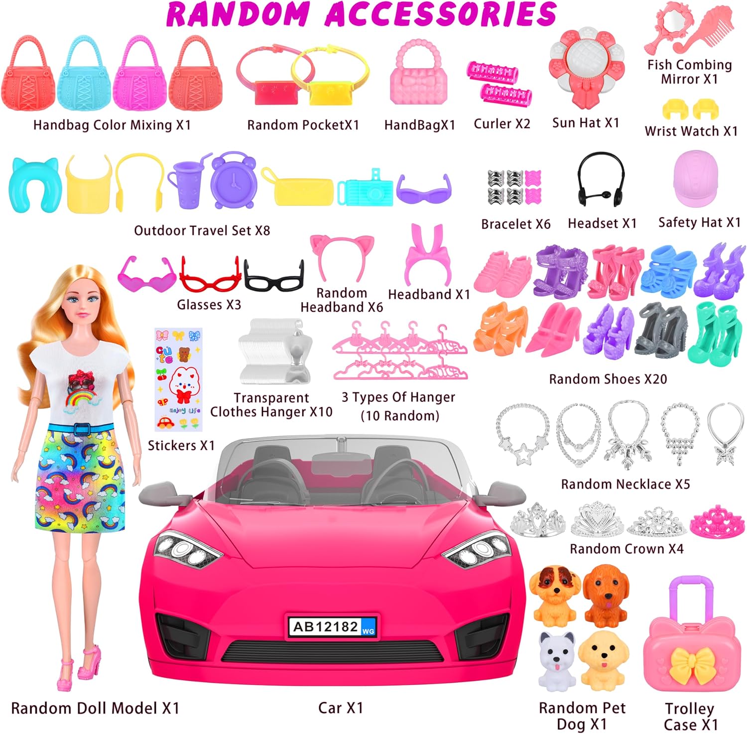 Detalle de MINIFUN 91-Piece Doll Convertible Car Set with Pink Car and Outfit Accessories