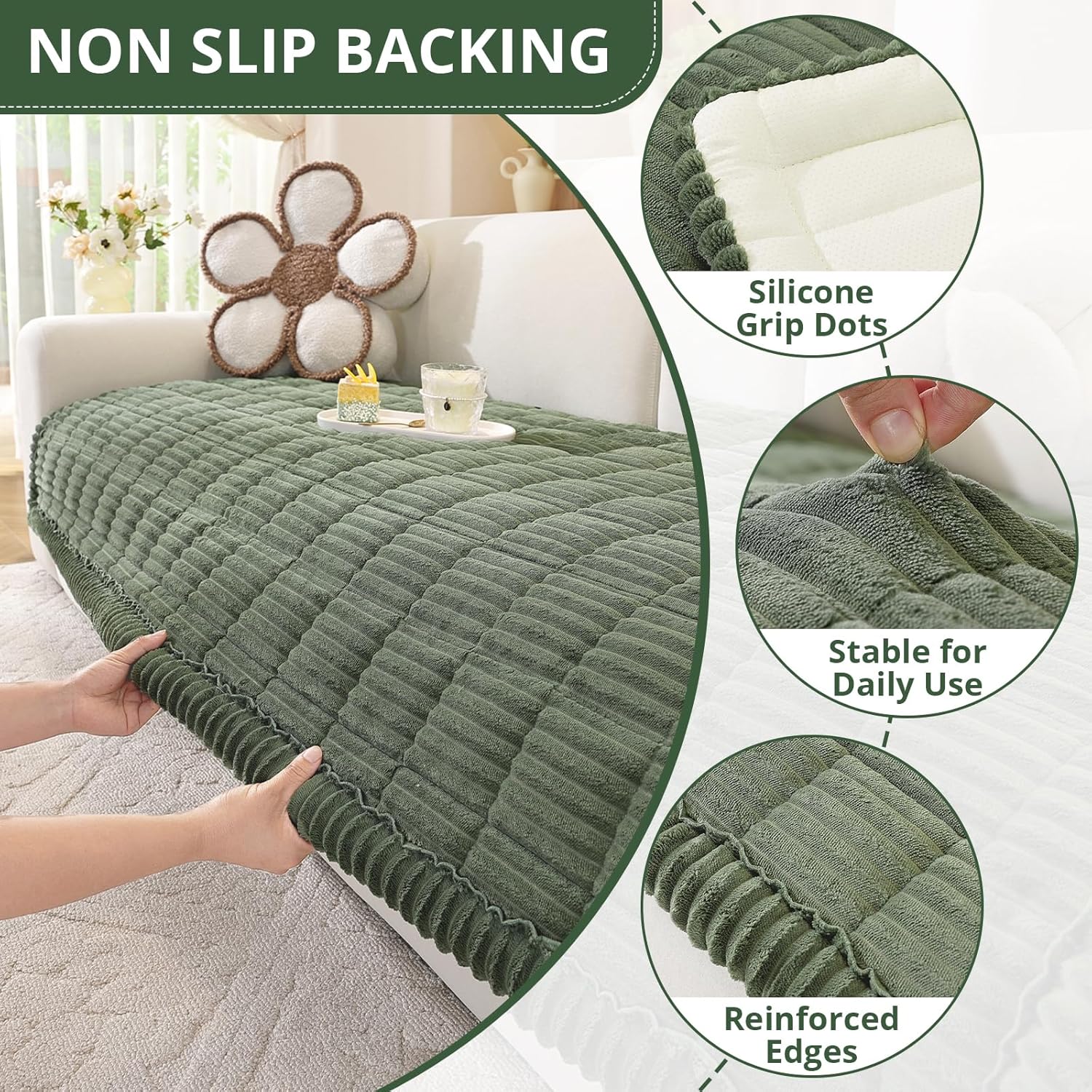 Detalle de OstepDecor Sofa Covers 2/3/4 Seater – Thick Corduroy Pet Sofa Cover in Green (70x150cm)
