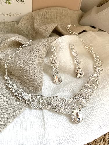Detalle de ONDEGO Schmuckset Silber Strass – Halskette, Ohrringe & Armband