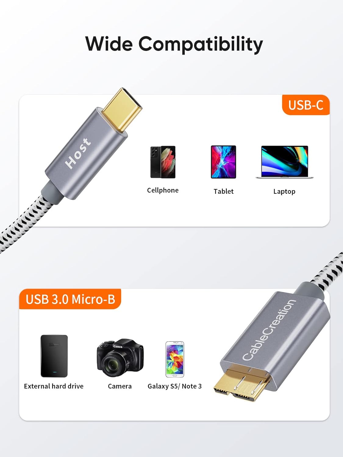 Thumbnail 5 de CableCreation USB-C zu Micro-B 3.0 Kabel (Gen2, 10 Gbps) 30 cm Grau – für MacBook Pro & Chromebook Pixel