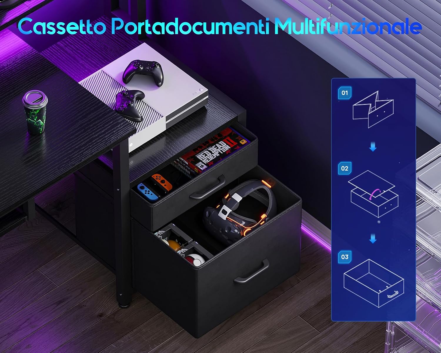 Detalle de Coleshome Scrivania Gaming con LED e Prese - 140x48 cm, cassetti in tessuto, vassoio tastiera e supporto monitor