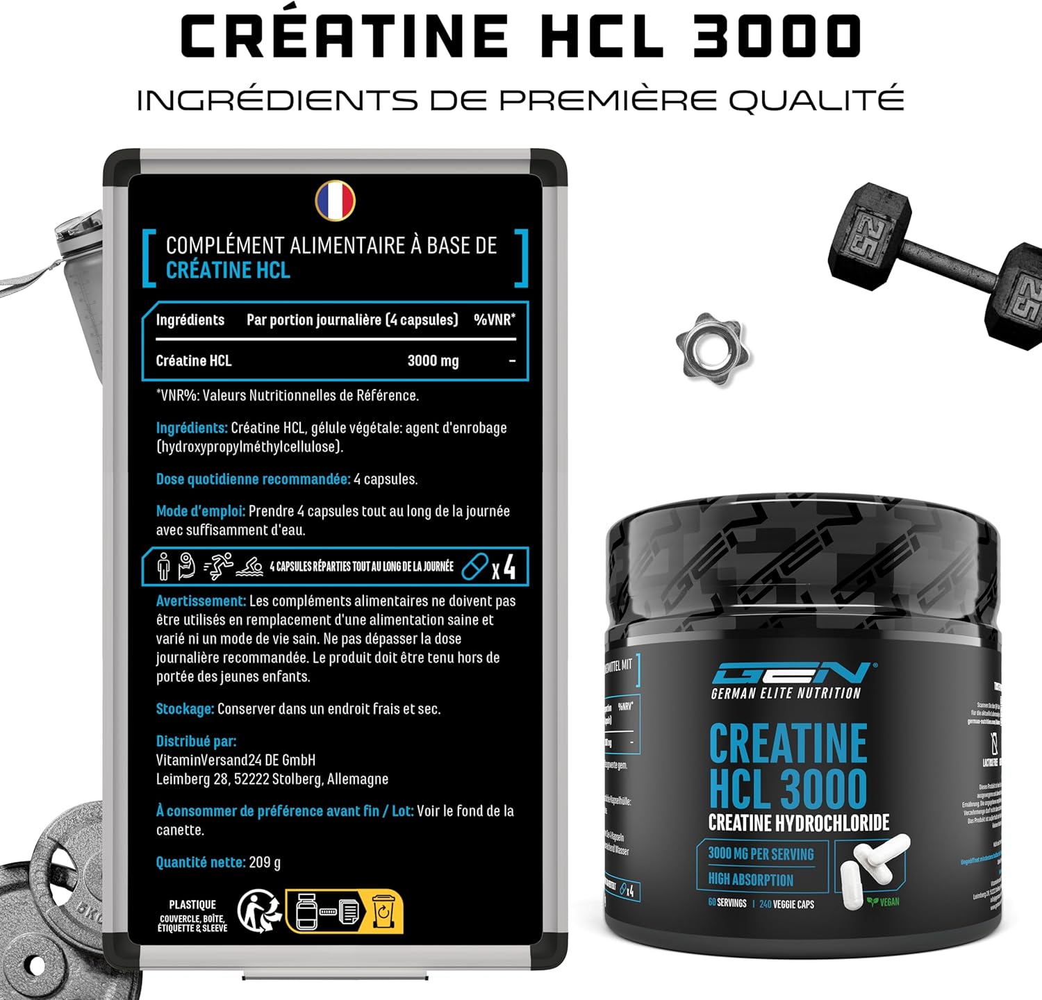 Thumbnail 4 de Creatine HCL 3,0 g/dose—240 gélules vegan