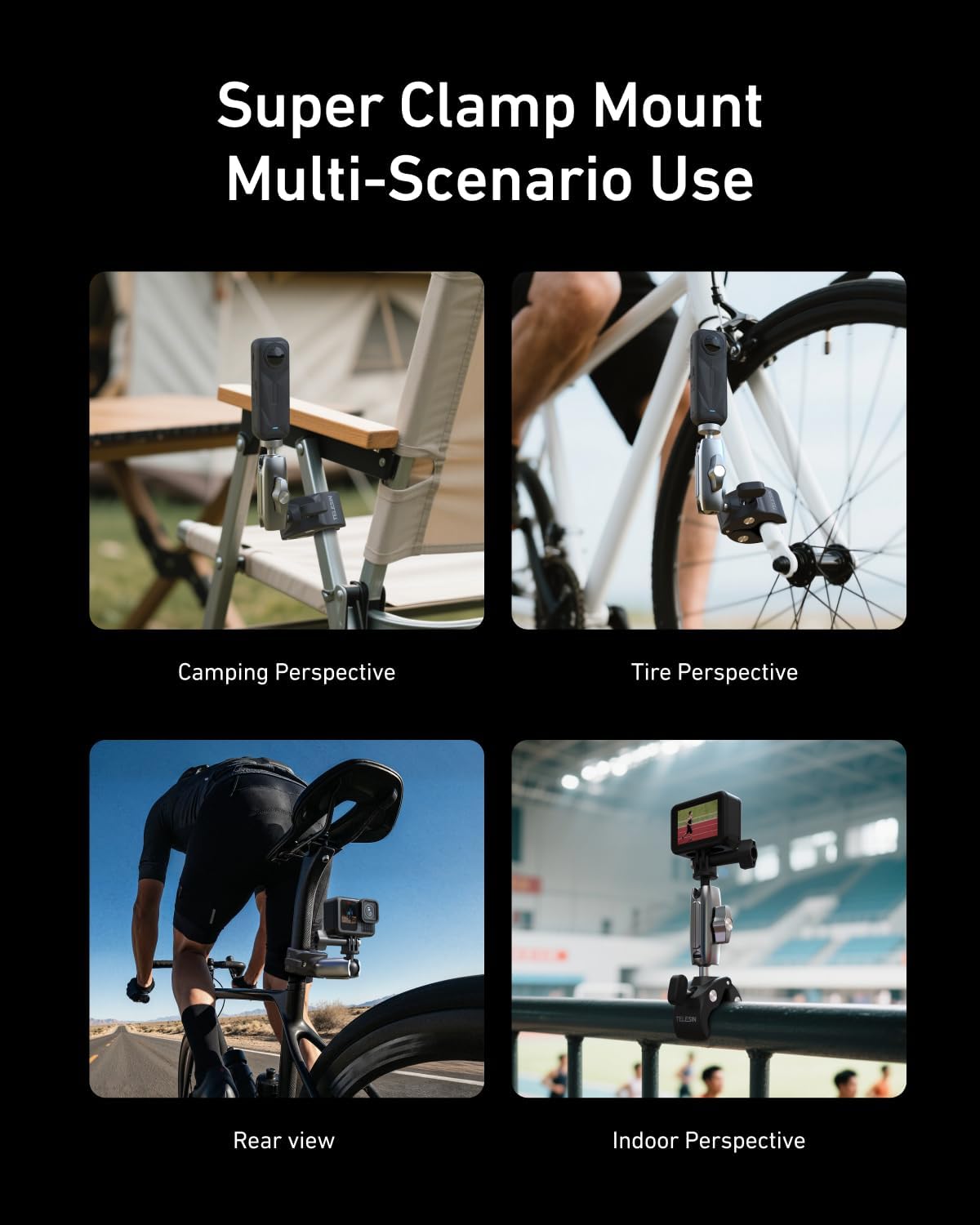 Thumbnail 4 de TELESIN Bike Handlebar Clamp Mount for Action Cameras — 360° Rotatable, Aluminum Alloy