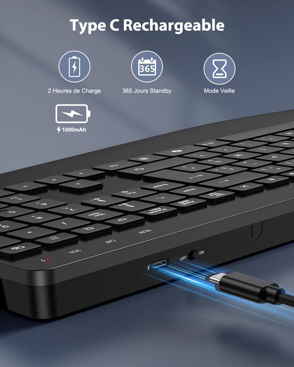Thumbnail 4 de TECURS Clavier sans Fil 2,4 GHz AZERTY Français avec Repose-Poignet – Rétroéclairage 7 couleurs, Silent et Ergonomique