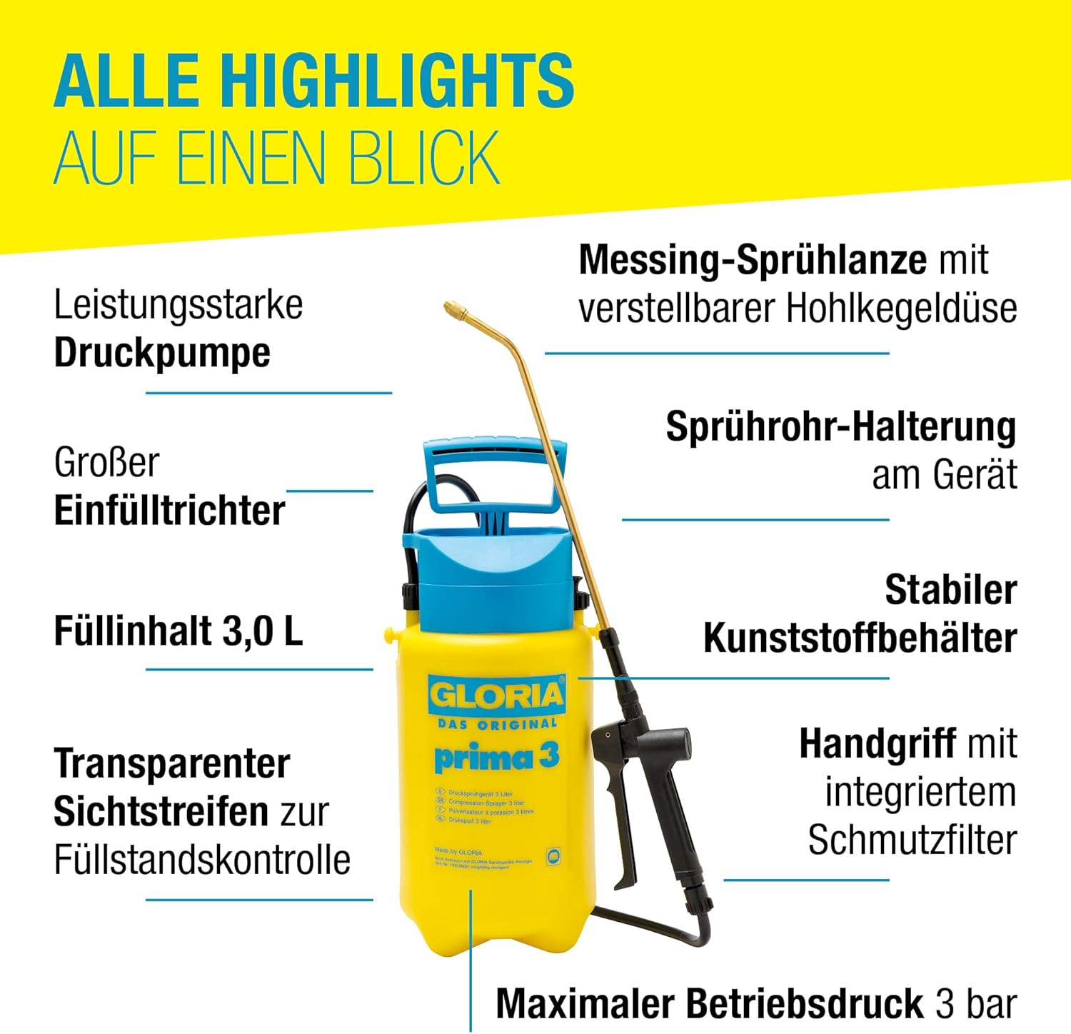 Detalle de GLORIA Drucksprühgerät prima 3 – 3 Liter Gartenspritze für Balkon, Terrasse und Garten