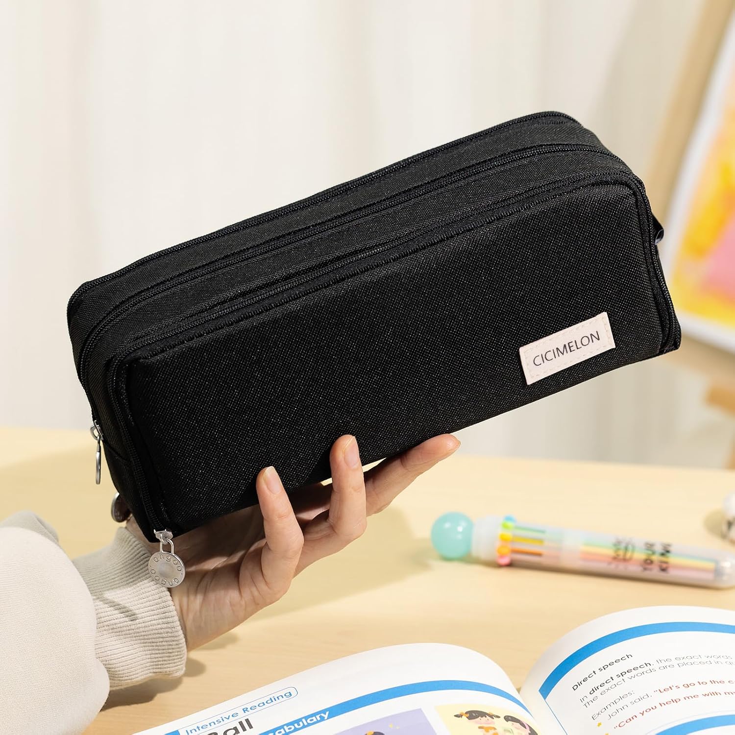 Detalle 2 de CICIMELON Large Capacity 3-Compartment Pencil Case, Black