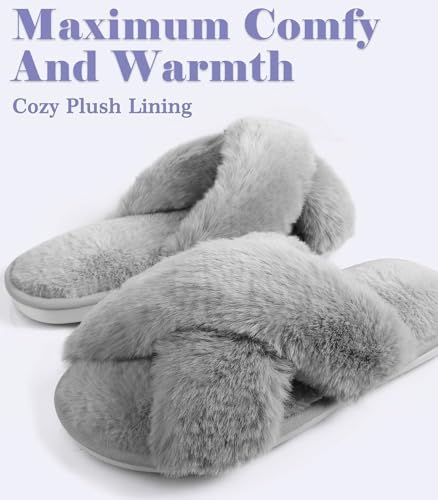 Thumbnail 7 de Ankis Women's Cross Band Furry Open Toe Slippers with Memory Foam – Cozy Plush Indoor/Outdoor Shoes