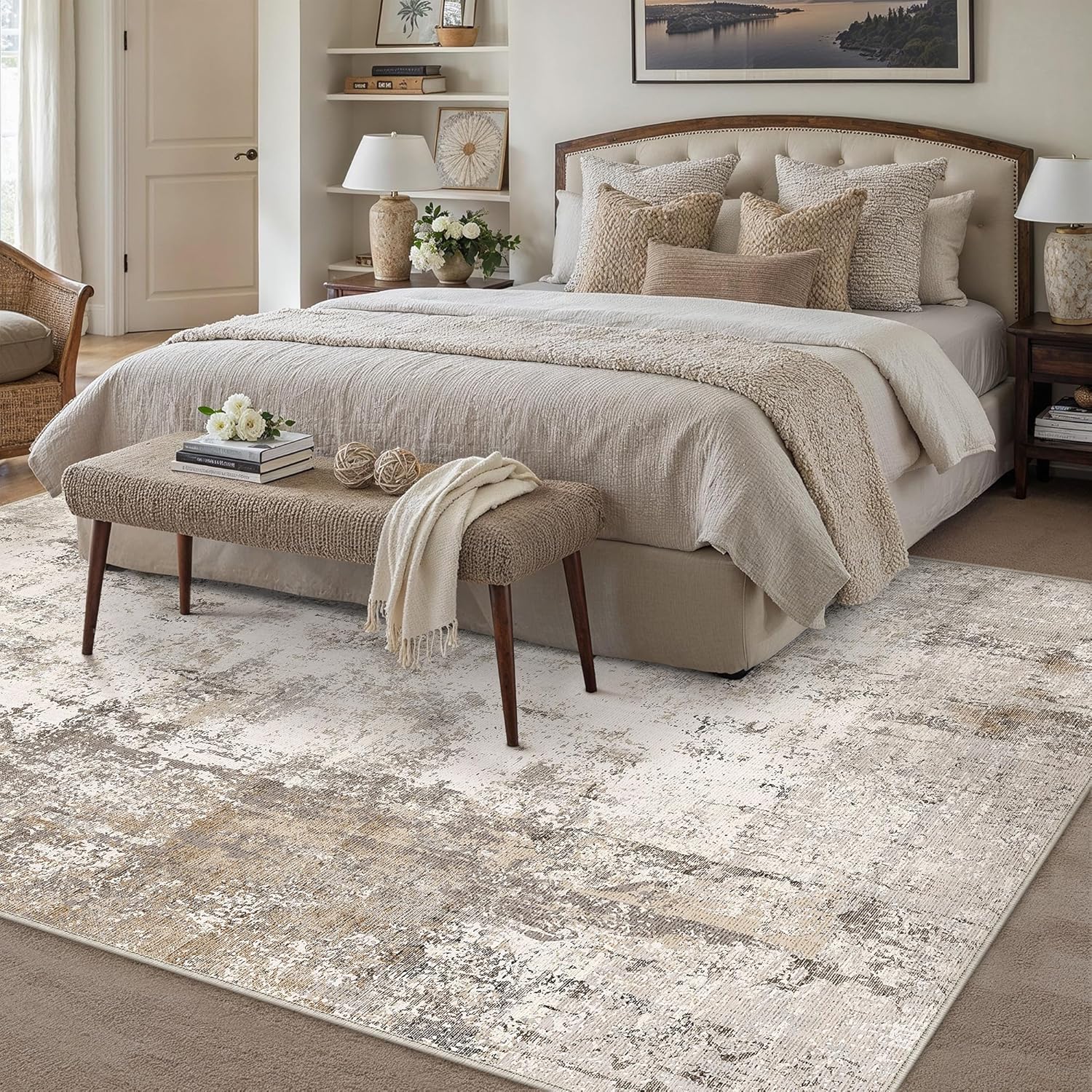 Detalle de HUGEAR washable rug 90x150cm in grey/brown abstract design with non-slip TPR backing