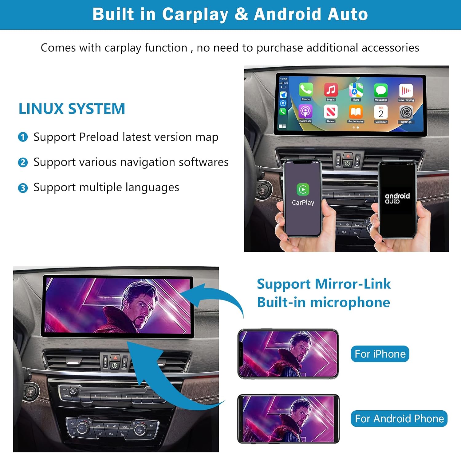 Detalle de Autoradio Ninetom écran tactile 12,3" pour BMW X1 F48 (2016-2022) avec CarPlay et Android Auto sans fil