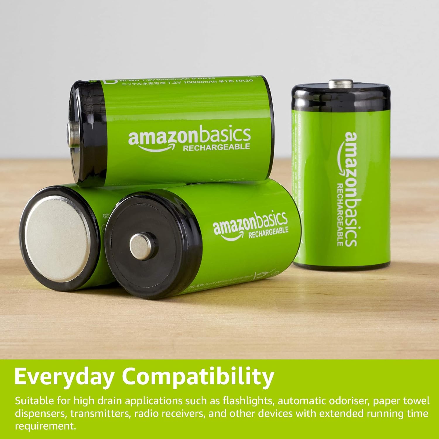 Detalle de Amazon Basics Lot de 4 piles rechargeables type D NiMH 10000 mAh — prêt à l’emploi et réutilisables