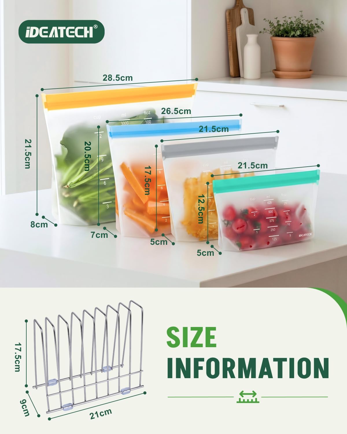 Detalle de IDEATECH 24 Stück Gefrierbeutel Wiederverschließbar – BPA-frei PEVA Beutel mit Standboden, in 3,0 L / 2,5 L / 1,25 L / 0,625 L