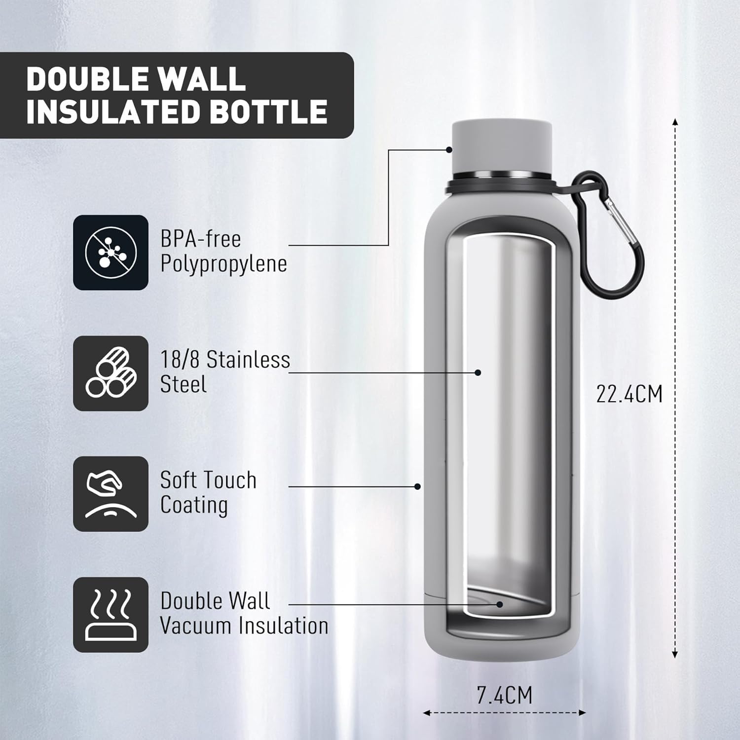 Thumbnail 1 de Exllena insulated water bottle 500ml with clip – double-wall vacuum drinks bottle (grey)