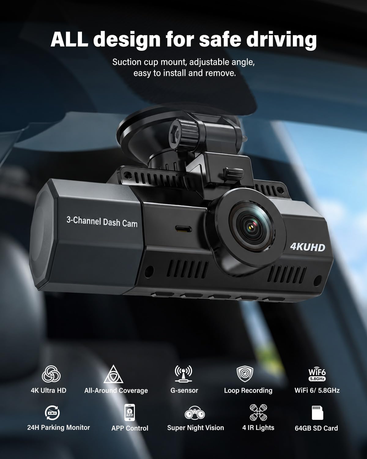 Thumbnail 6 de Eivikga A8 pro 3-Channel Dash Cam, 4K Front, 2.5K Cabin and Rear