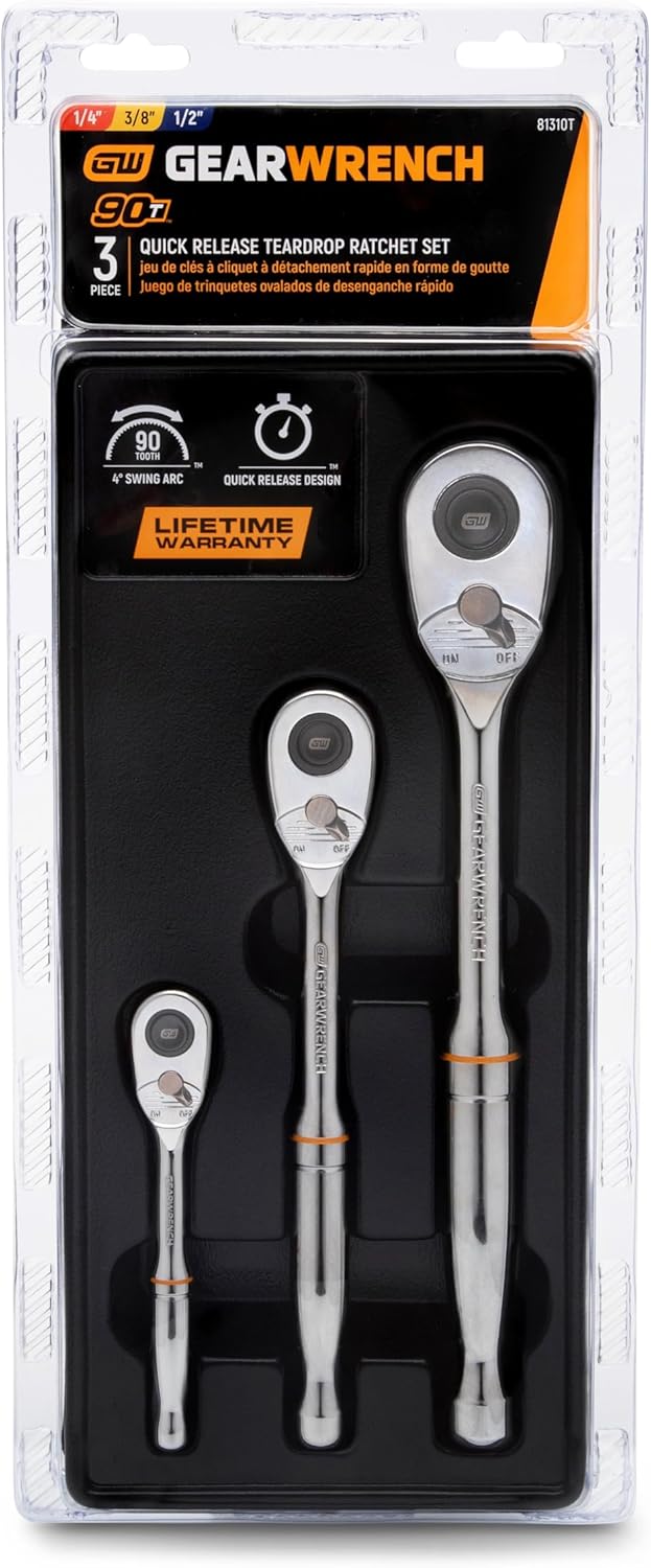 Thumbnail 2 de GEARWRENCH 3-Piece Teardrop Ratchet Set (1/4", 3/8", 1/2" Drive) — 90-Tooth Quick Release