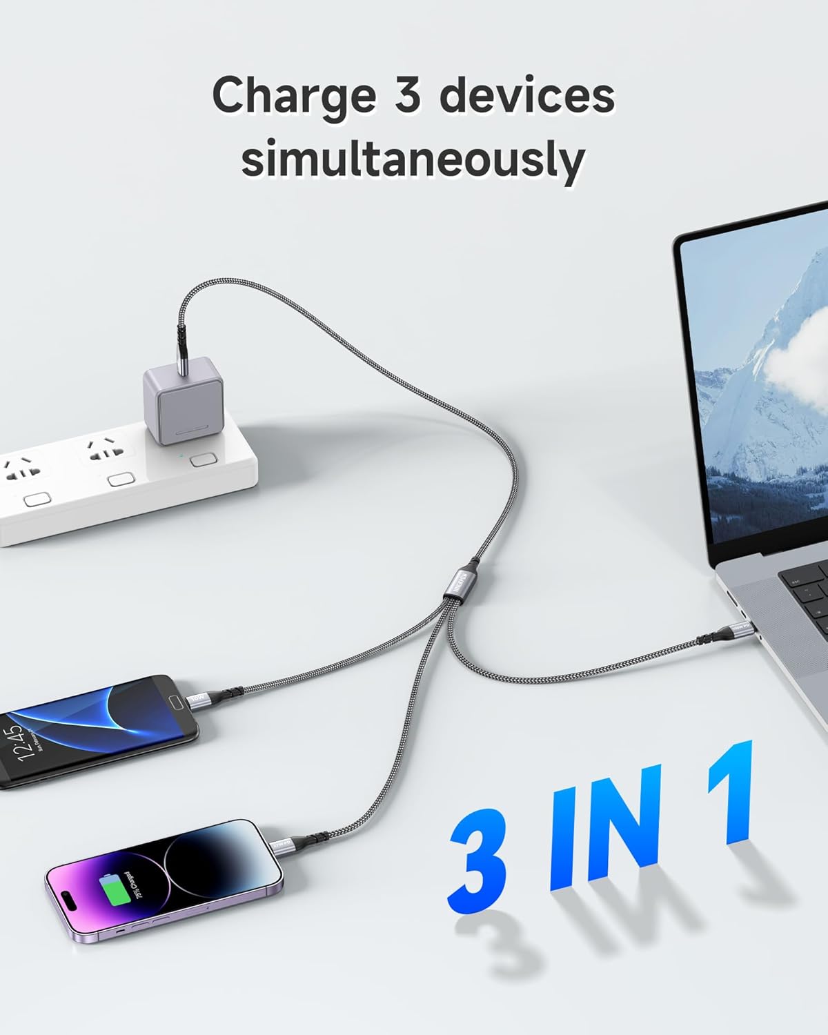 Detalle 2 de NINGKPOW 100W 3‑in‑1 Multi Charging Cable 50cm