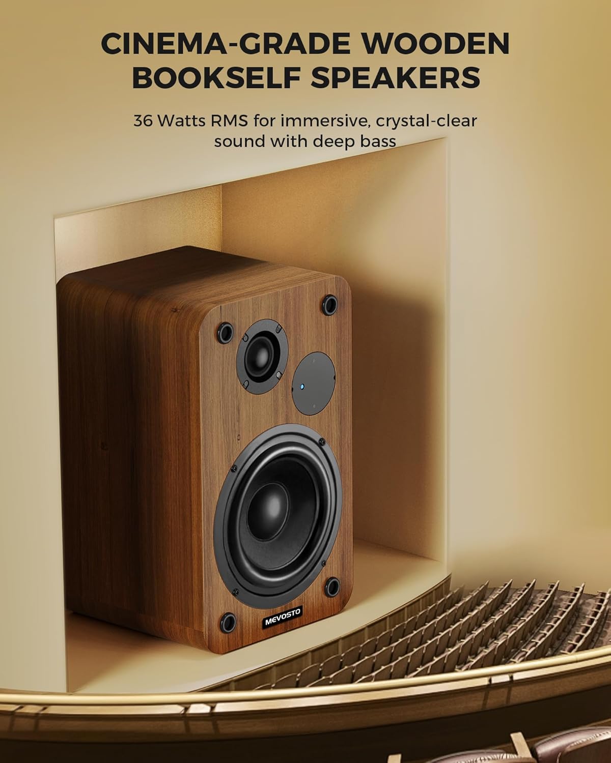 Detalle de MEVOSTO Active Bookshelf Speakers 36W RMS with BT 5.4 – Rich Stereo For PC, TV and Turntable