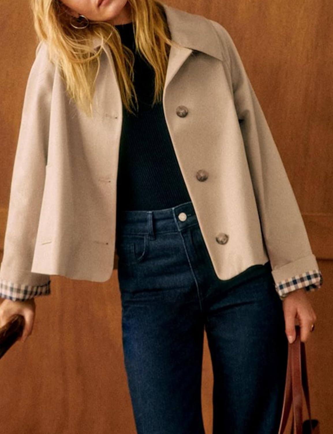 Detalle de Yeokou Women’s Oversize Trench Coat with Plaid Lining, Lapel & Button-Down Pockets