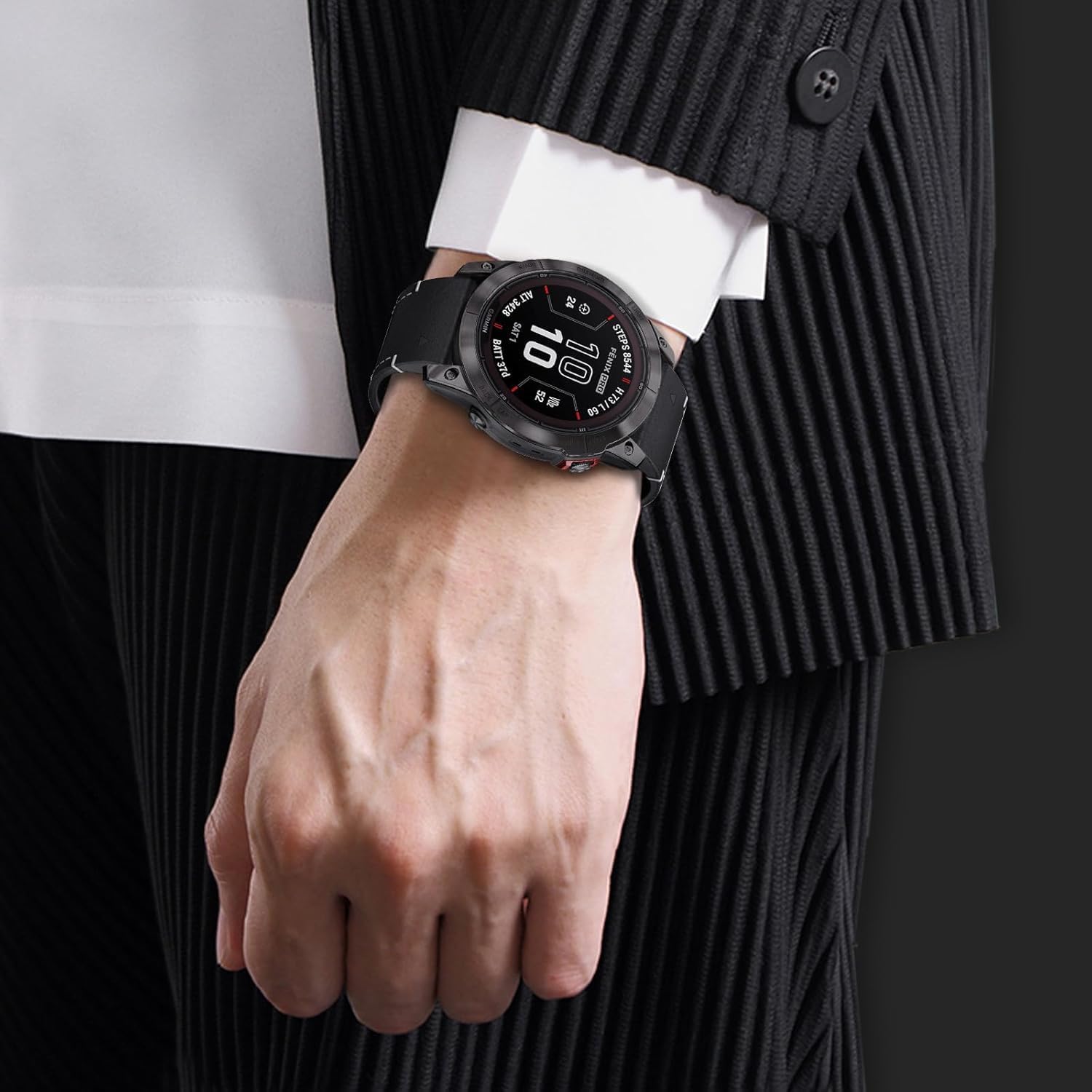 Detalle de LanQii 22mm QuickFit Leder+Silikon Armband für Garmin (Tactix 8 47 mm, Fenix 7/8 & mehr) – Schwarz