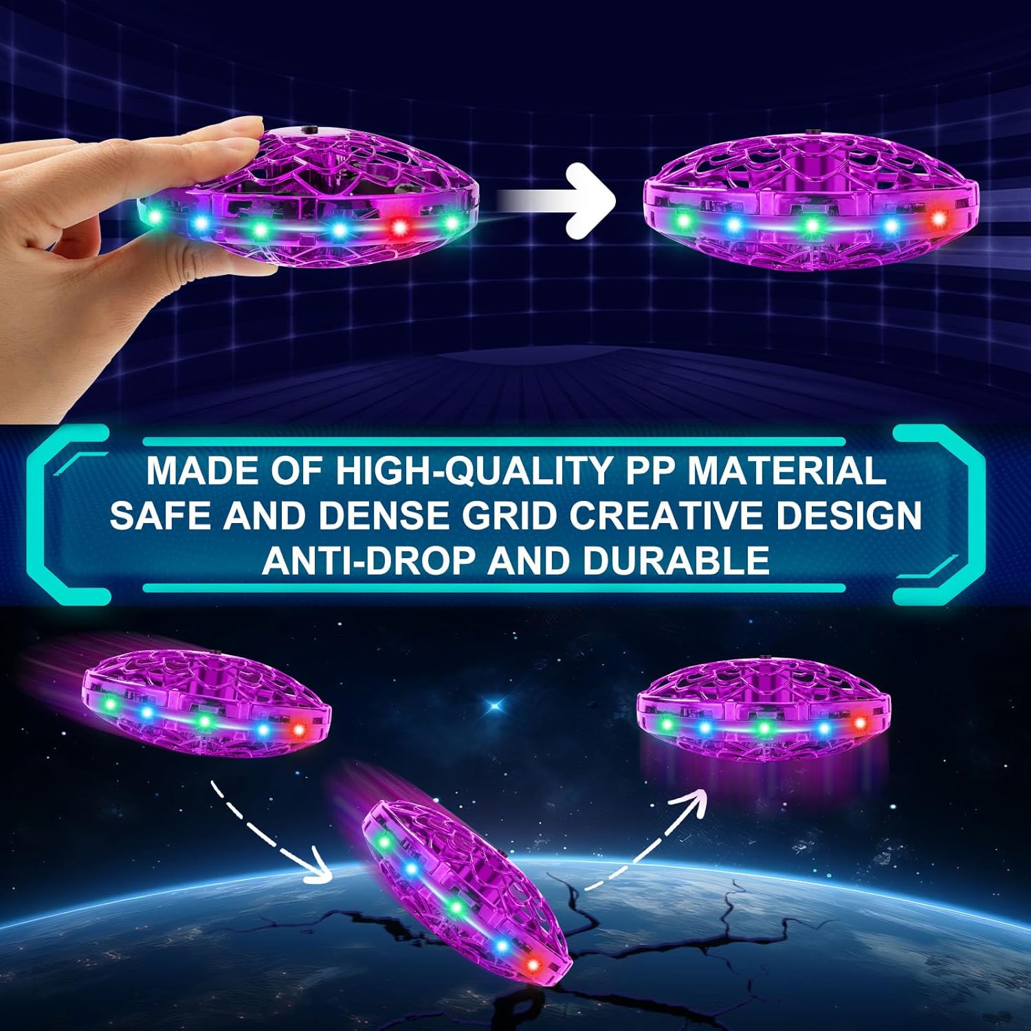 Detalle de ETPlanet Hand Operated Flying Toy Drone for Kids – 360° gesture control mini UFO with LED lights