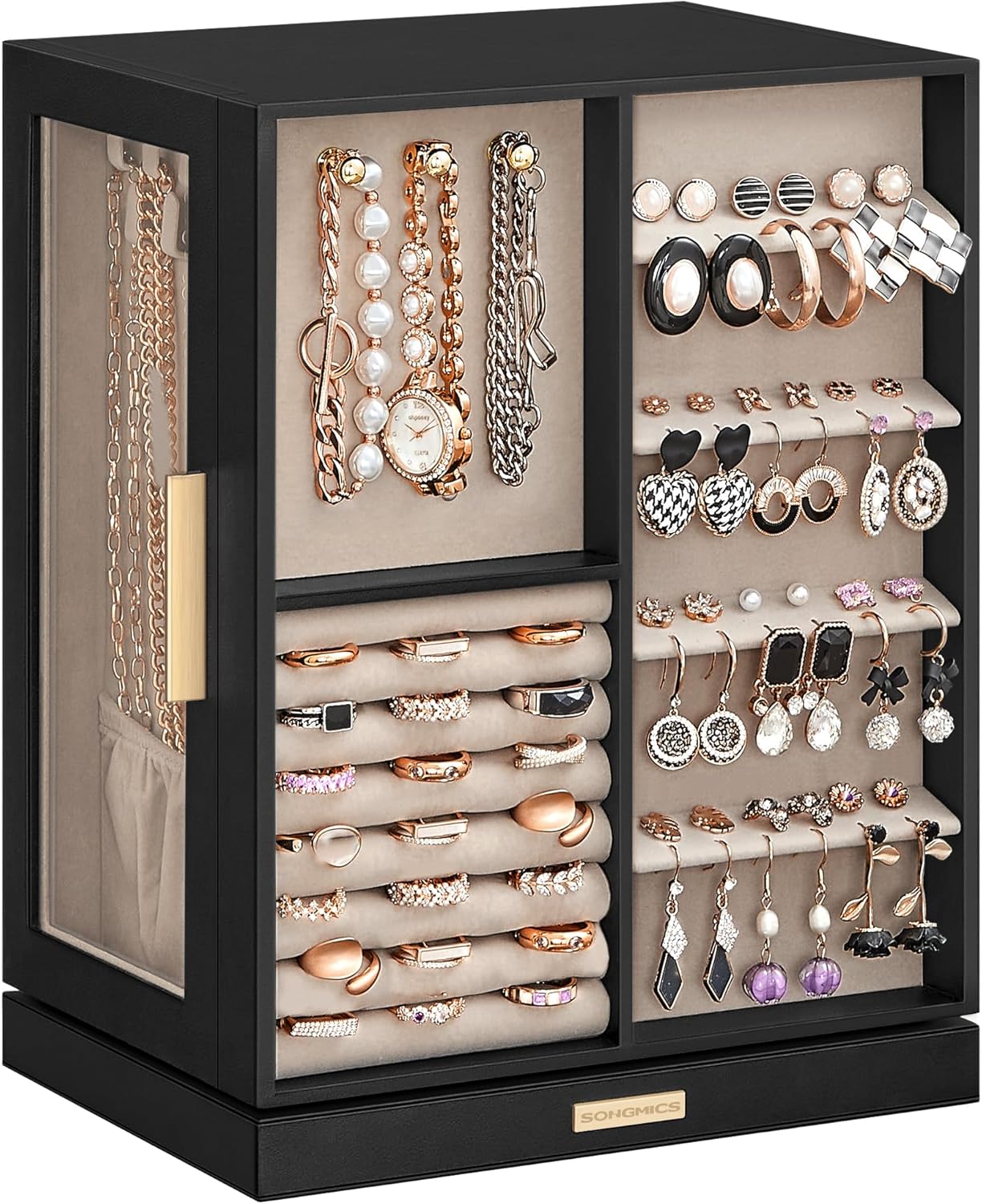 SONGMICS Boîte à Bijoux Rotative 360° JBC170B01 – Coffret noir graphique avec 5 tiroirs et vitres latérales
