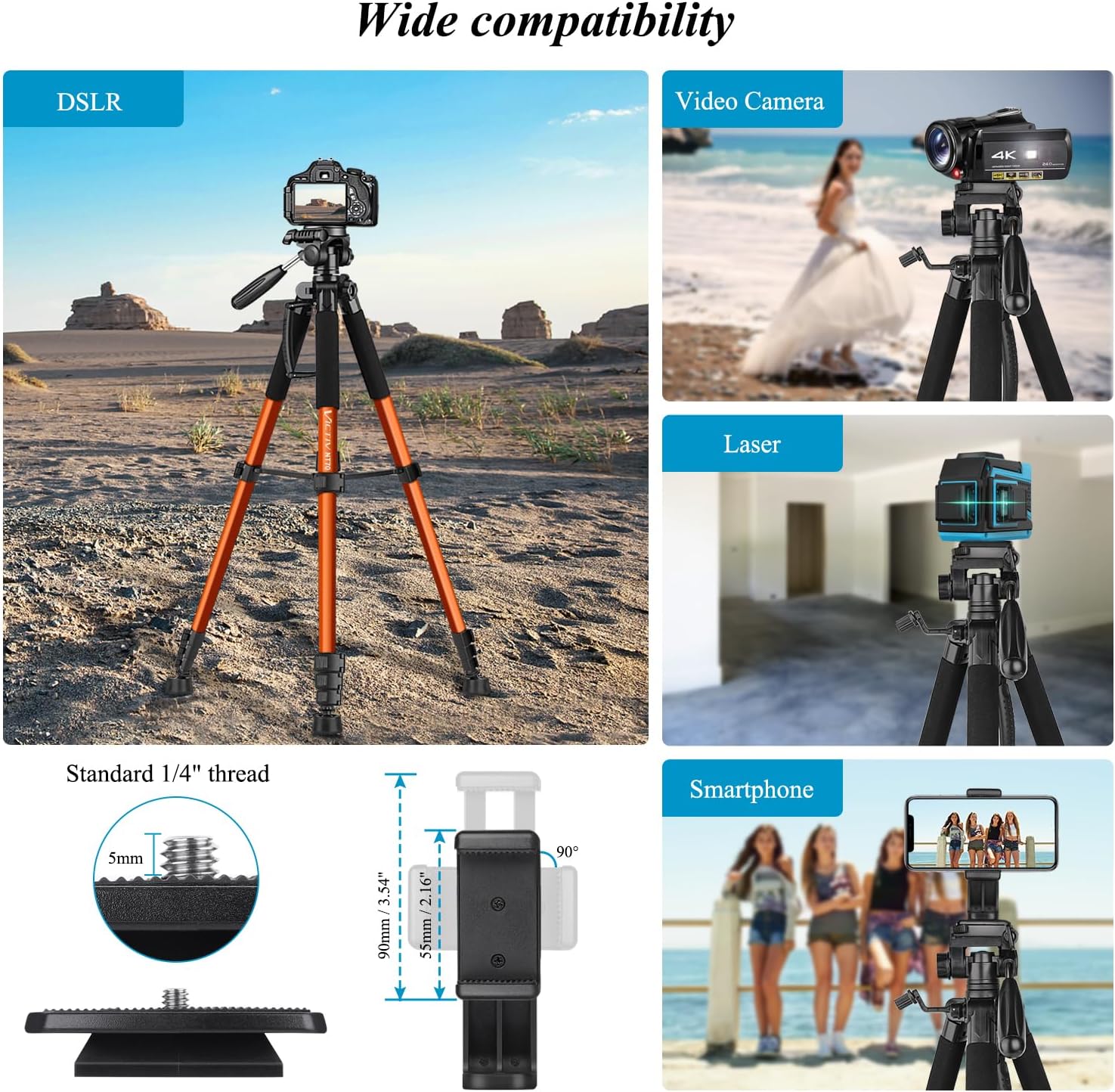 Thumbnail 1 de Victiv 182 cm Aluminium Camera Tripod with 360° Pan Head and Phone Holder
