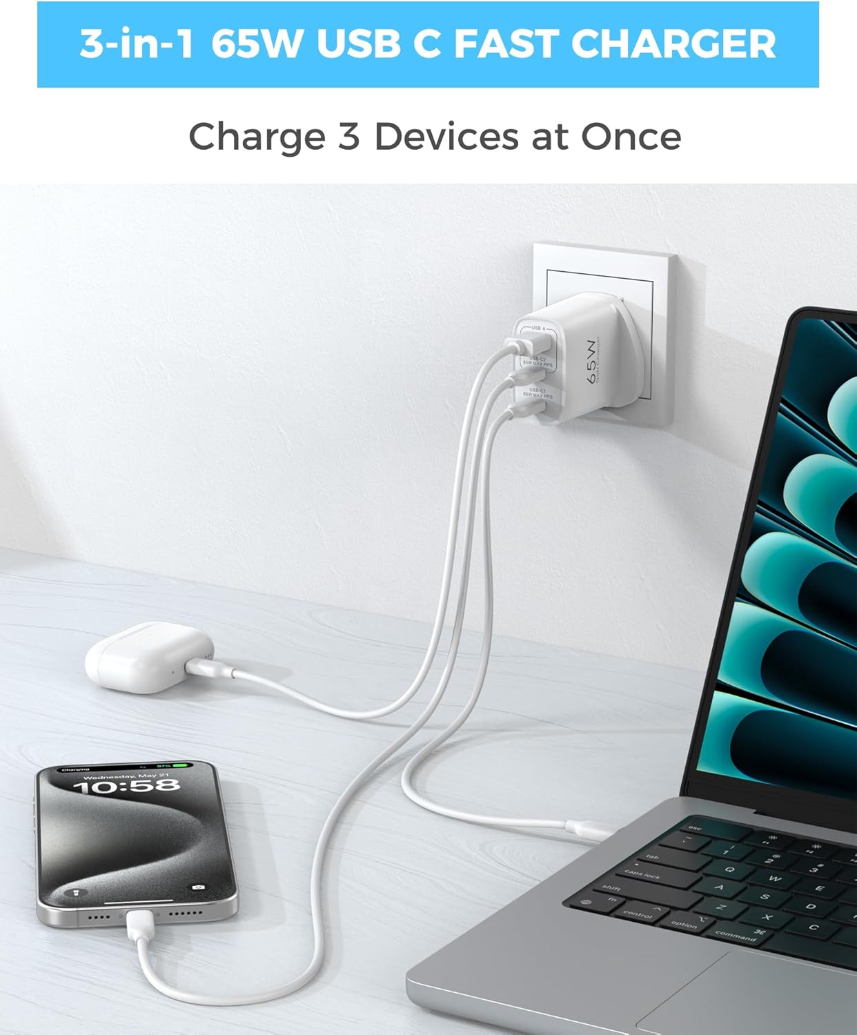 Detalle de TOPADRE 65W USB-C Charger (3 Ports) with QC 4.0, PPS & PD 3.0 for MacBook, iPad, iPhone and Galaxy