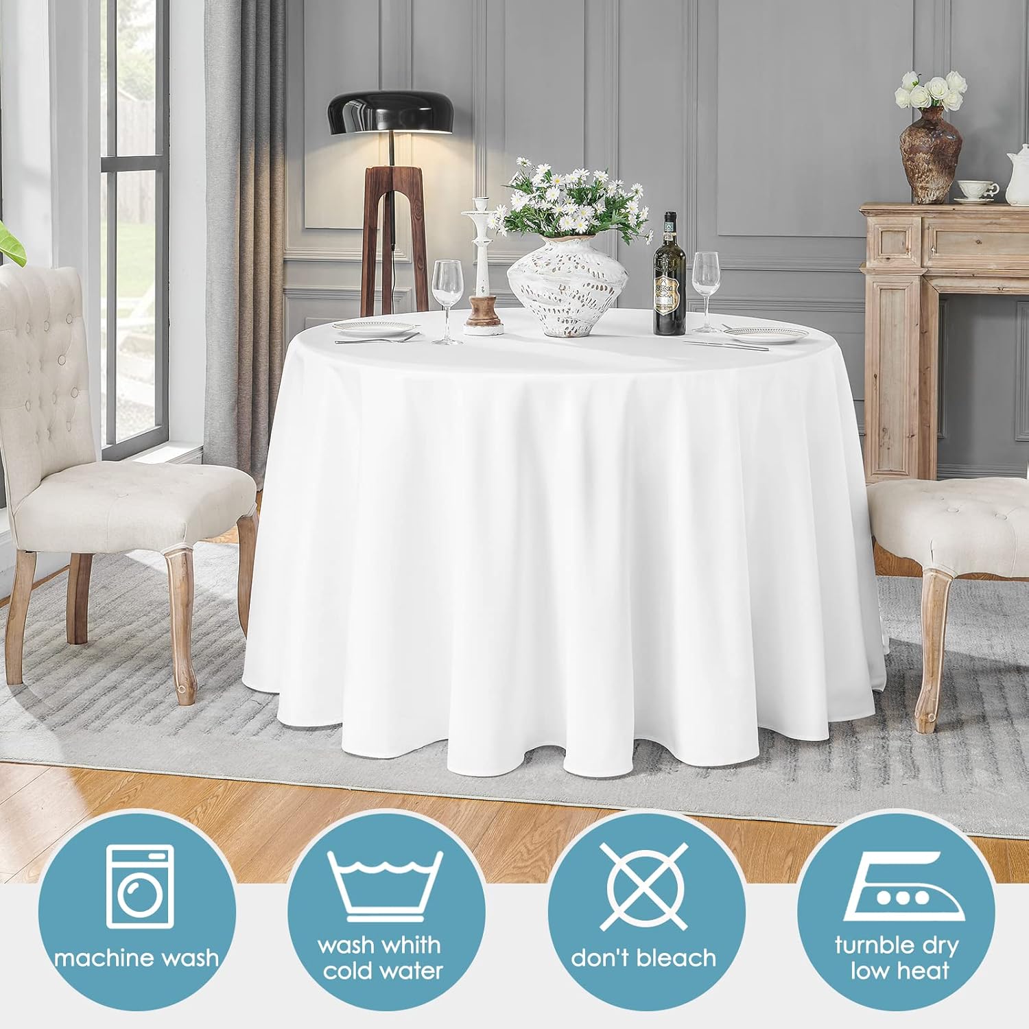 Detalle de VidaFete 6-Pack 120-Inch Round Polyester Tablecloth (White) — Stain-Resistant, Wrinkle-Resistant Dining Cover