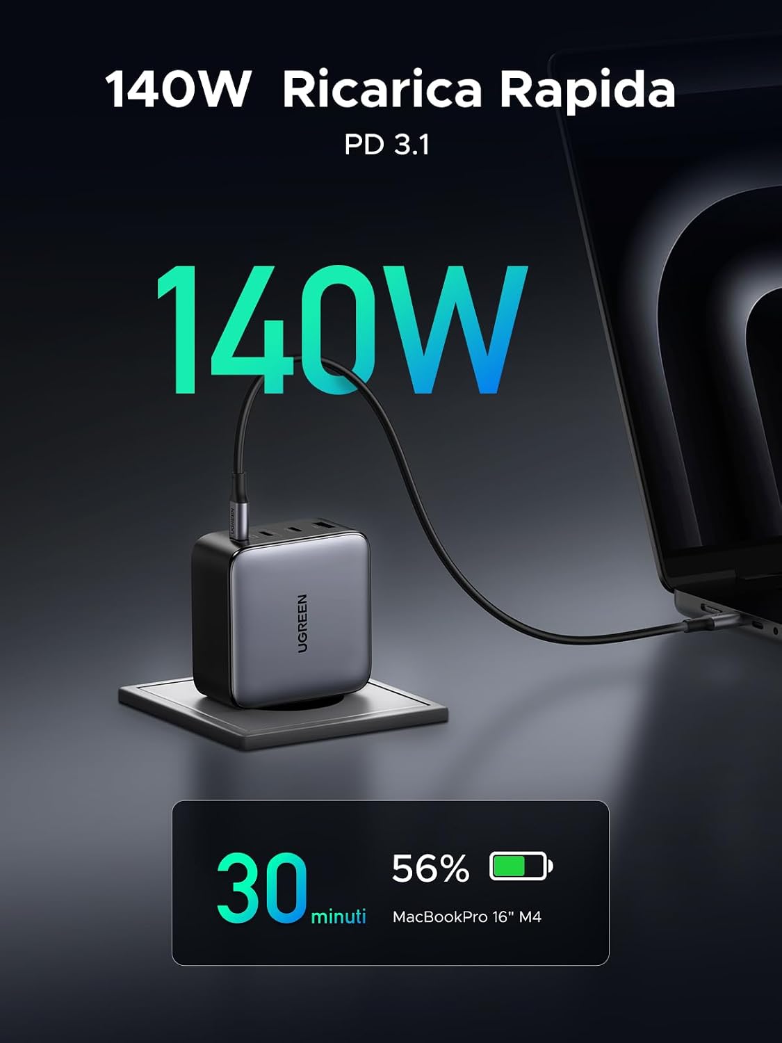 Detalle de UGREEN Nexode 200W caricatore USB-C con GaN 3 porte USB-C + USB-A, PD 3.1 fino a 140W